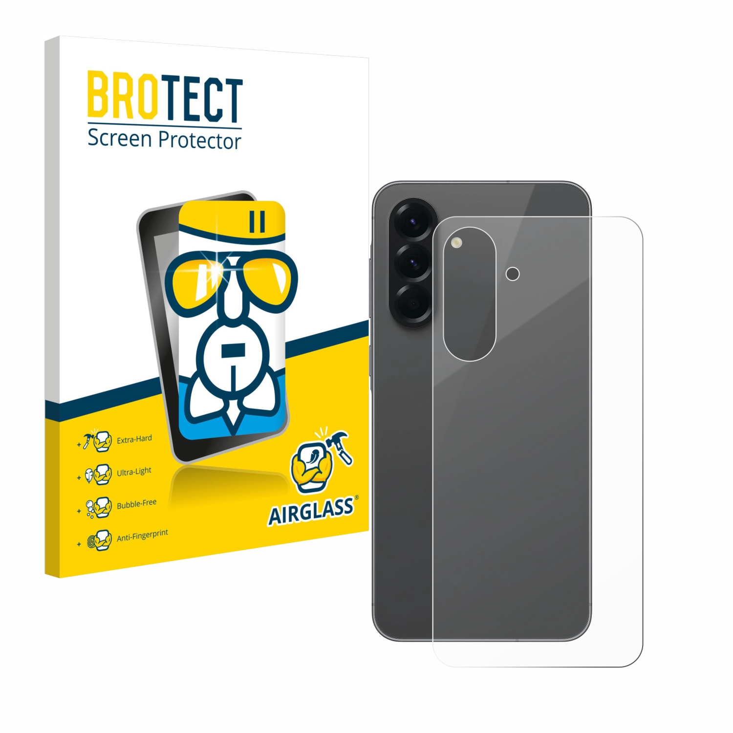 Displayschutzfolie für Telefon neben einem Telefon und der Verpackung.