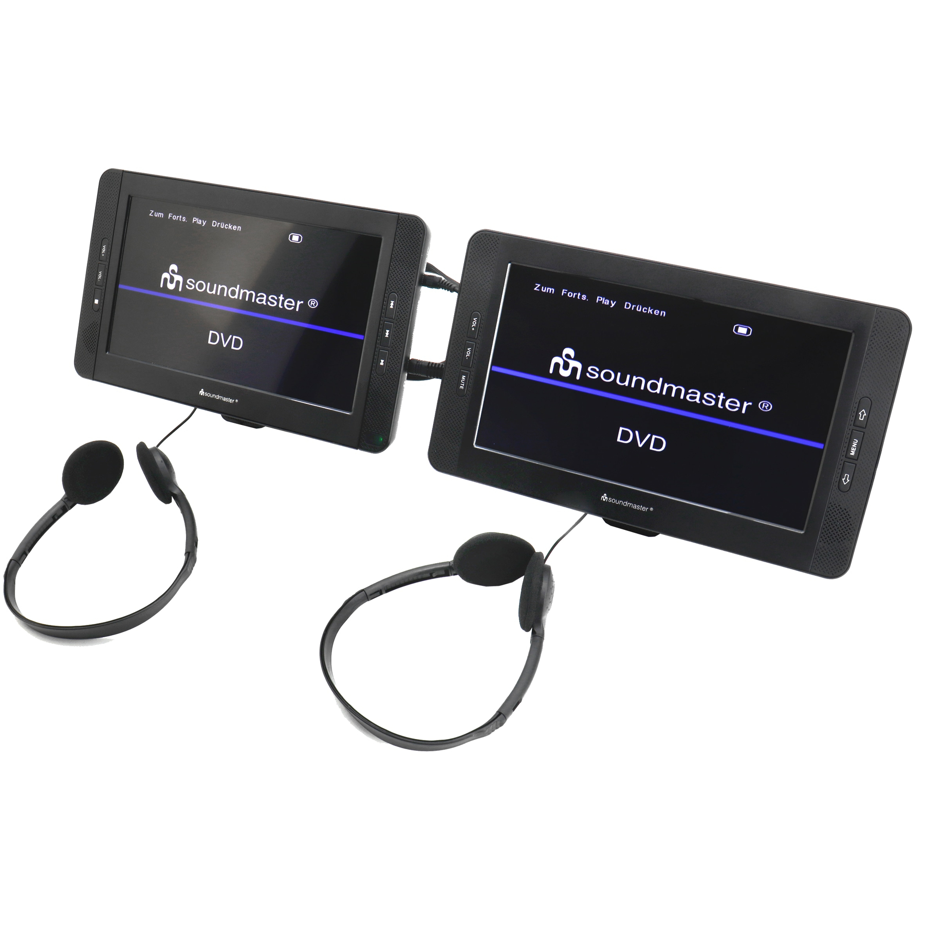 Dwa przenośne odtwarzacze DVD ze słuchawkami. Oba pokazują ten sam ekran.