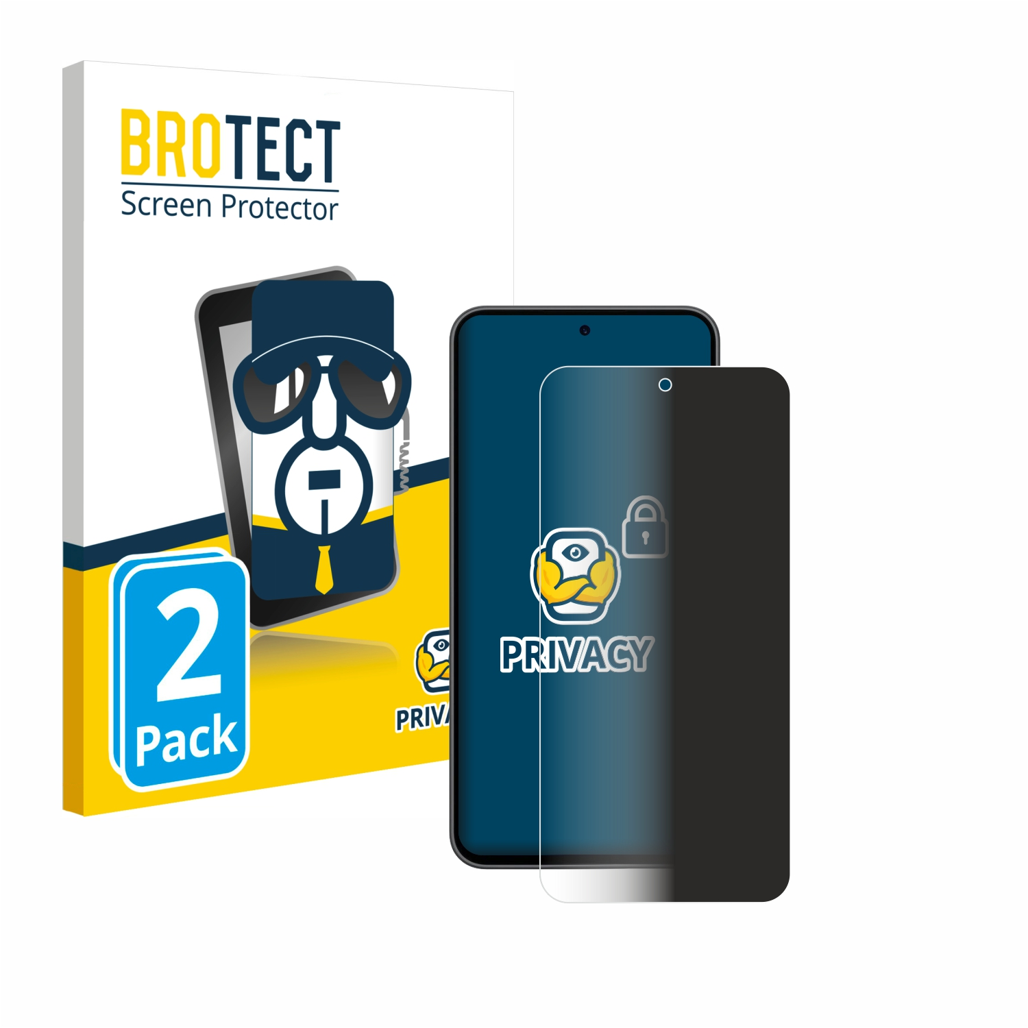 Bildschirmschutzverpackung mit Telefon und Displayschutzfolie, weißer Hintergrund.