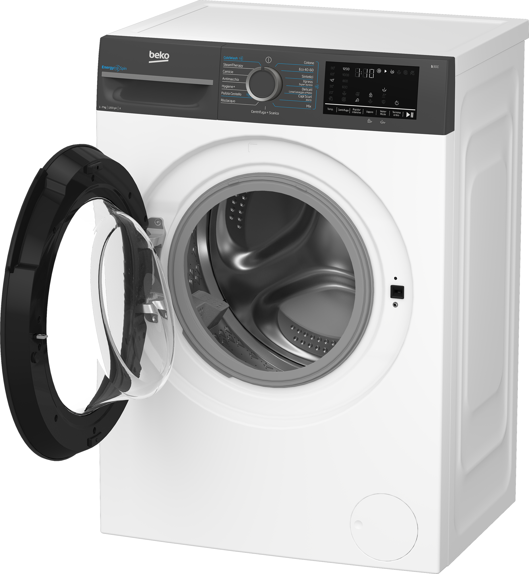 Lavatrice Beko bianca con porta aperta. Rifinitura nera intorno alla porta e al pannello comandi.