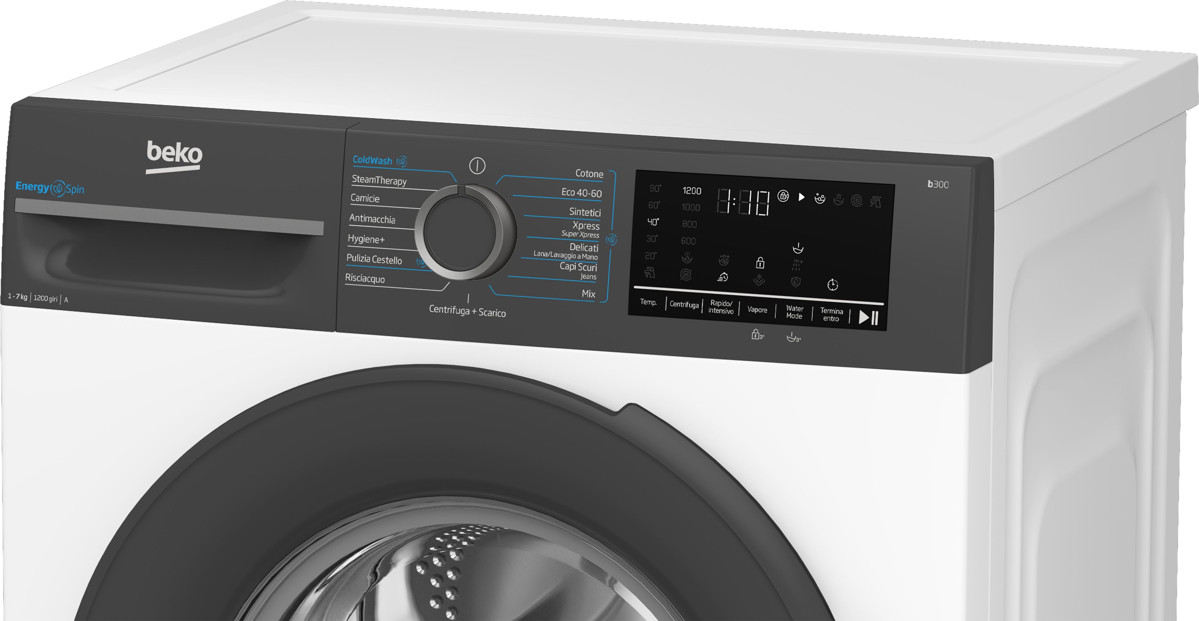 Lavatrice bianca e nera con manopola e display digitale che mostra tempo e impostazioni.