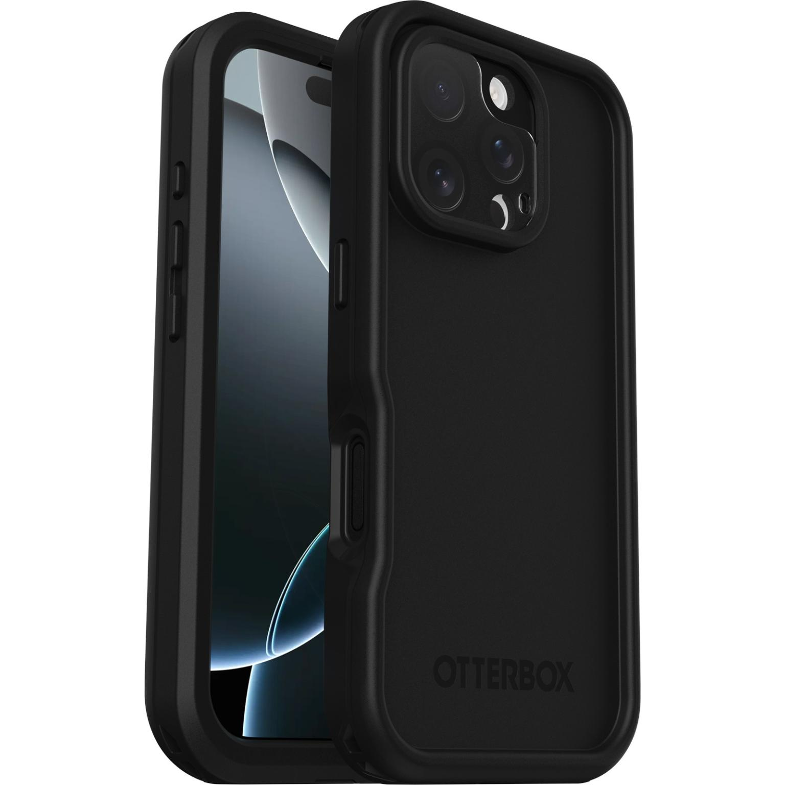 Een zwarte telefoonhoes met een telefoon erin. De hoes heeft Otterbox-tekst op de bodem.