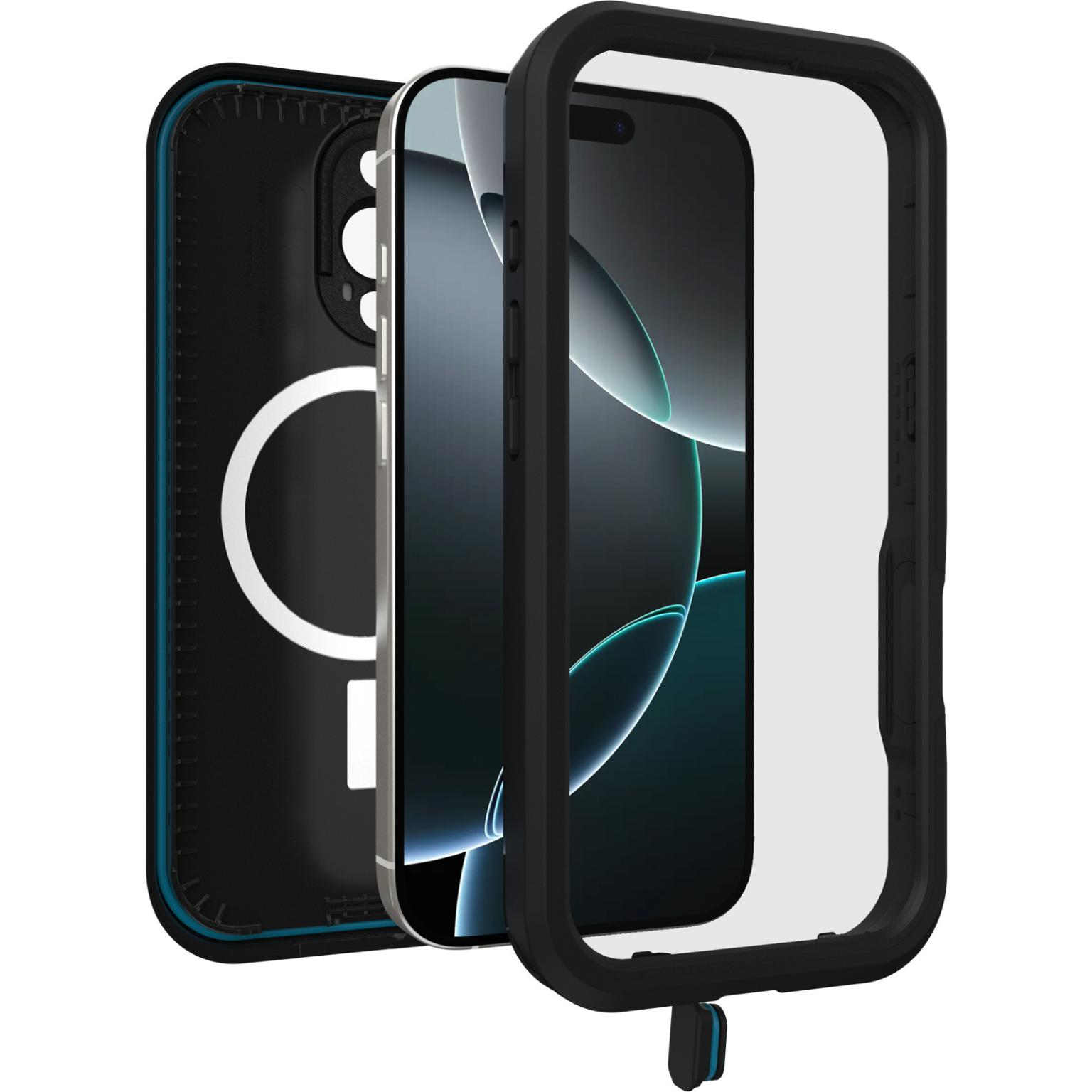 Telefoon in beschermende lagen. Zwarte en blauwe hoes met scherm zichtbaar.