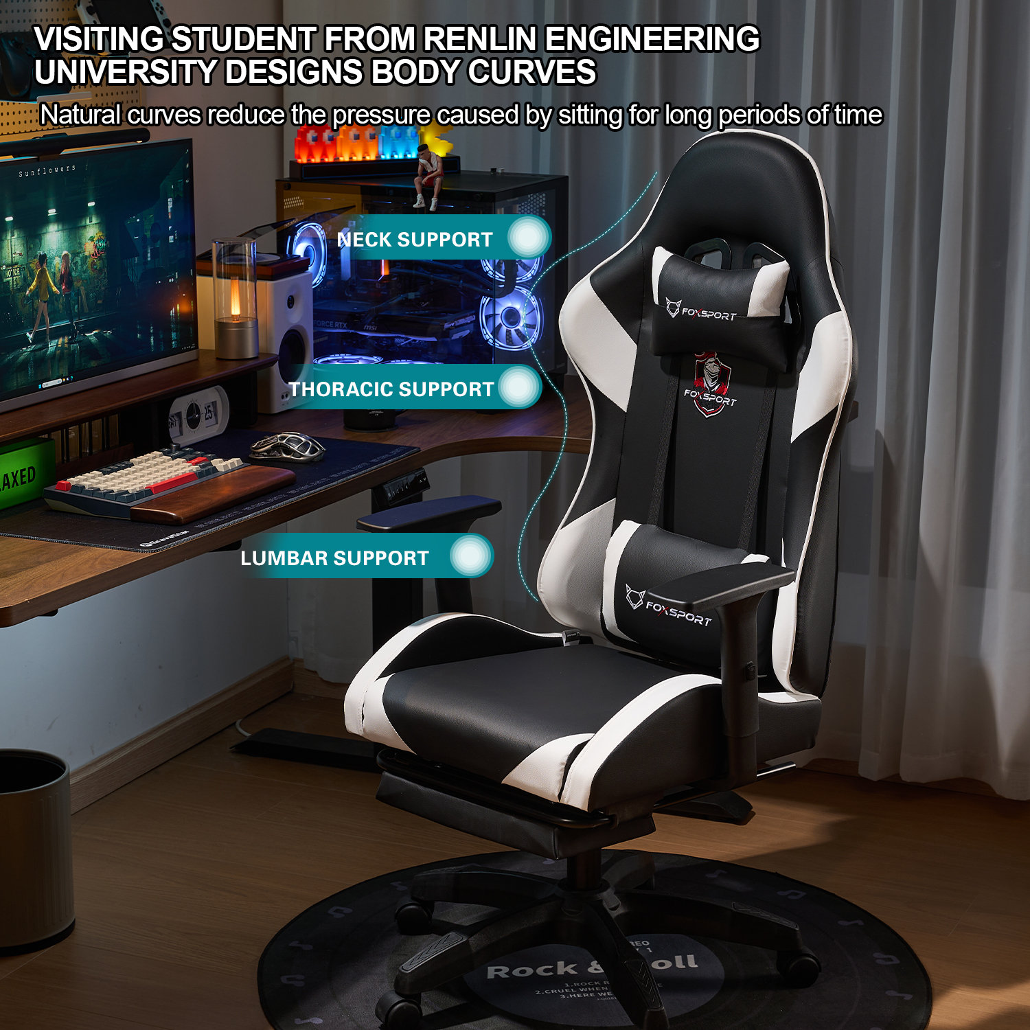 Gaming-Stuhl mit Nacken-, Brust- und Lendenwirbelstütze, in einem Gaming-Setup.