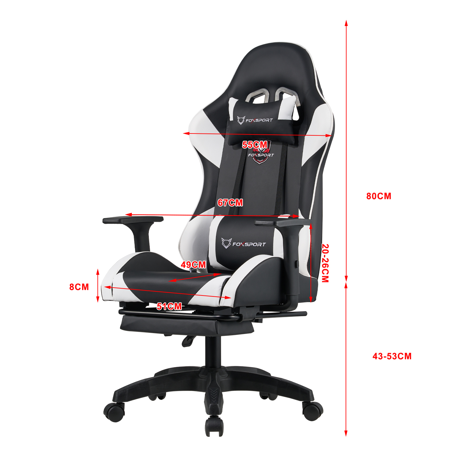 Schwarz-weißer Gaming-Stuhl mit Maßangaben: Höhe 80 cm, Sitzbreite 51 cm, Rückenbreite 55 cm.