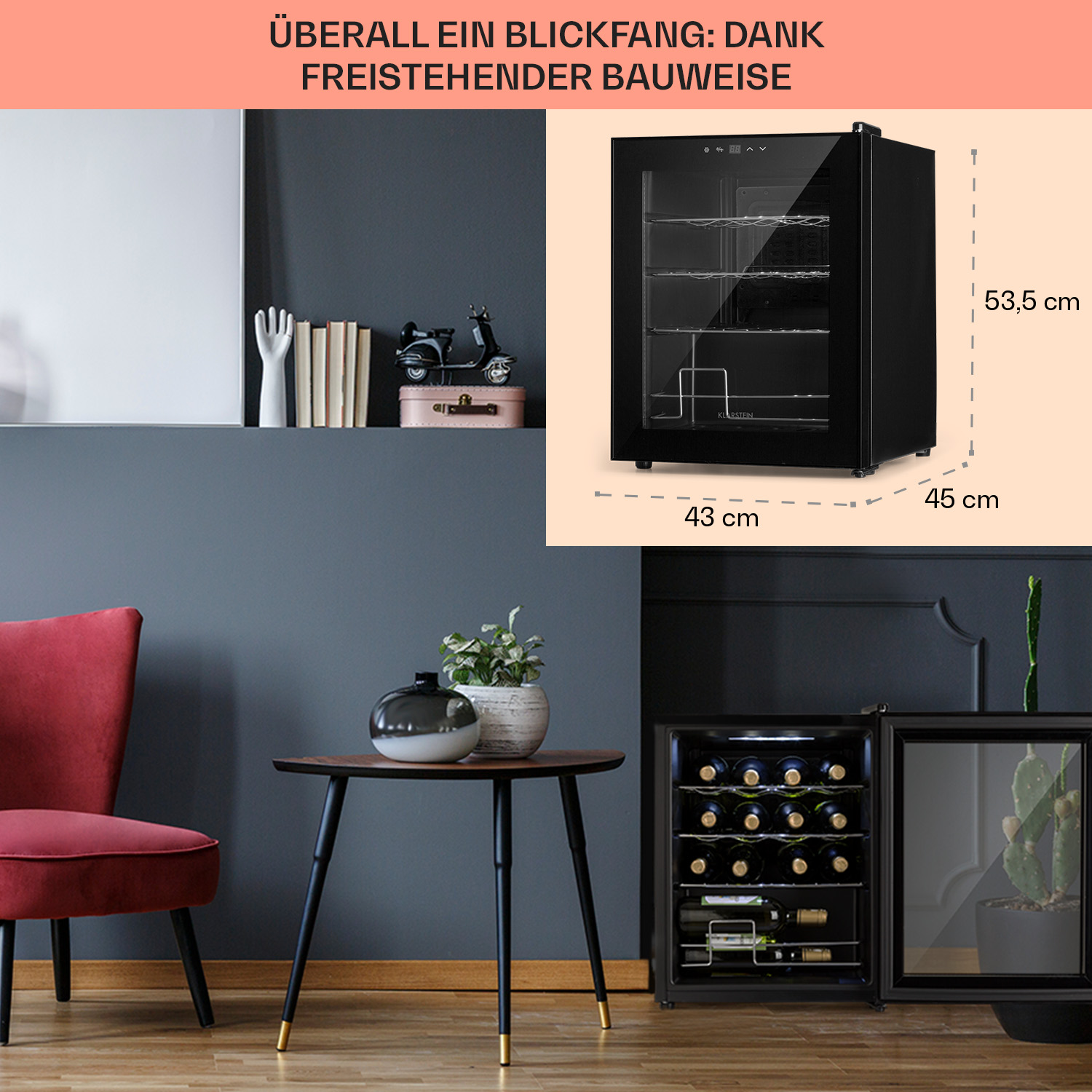 Un frigorifero nero con una sedia rossa e un tavolo, con alcune dimensioni elencate.