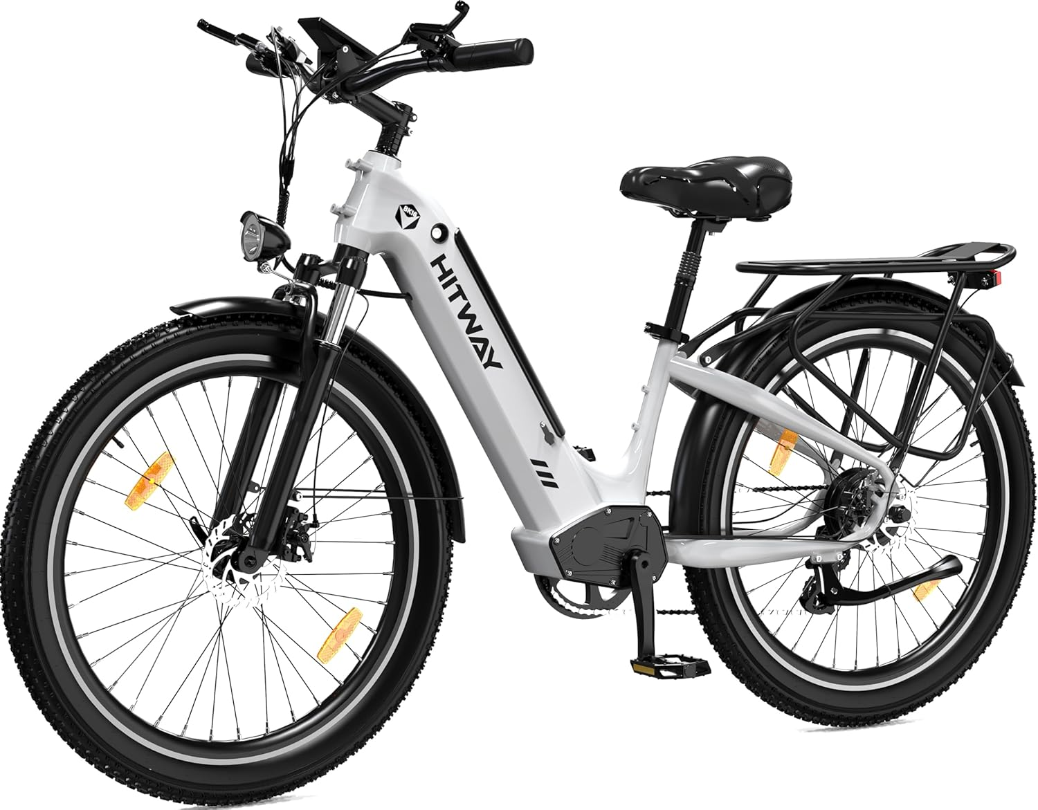 Bicicletta elettrica HITWAY bianca e grigia con pneumatici e accessori neri, su sfondo bianco.