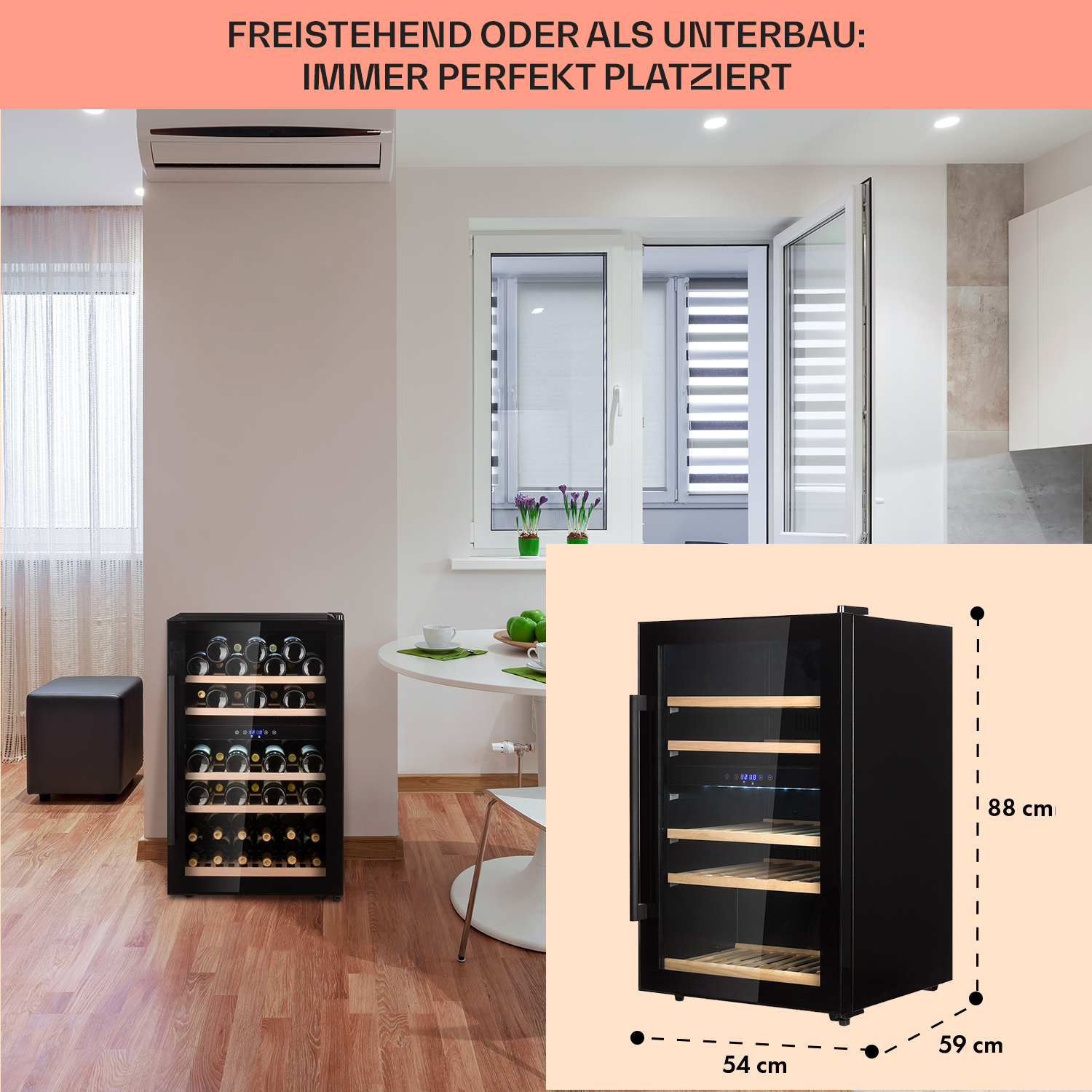 Ein schwarzer Weinkühler in einem Raum mit Holzboden. Text: "FREISTEHEND ODER ALS UNTERBAU: IMMER PERFEKT PLATZIERT".