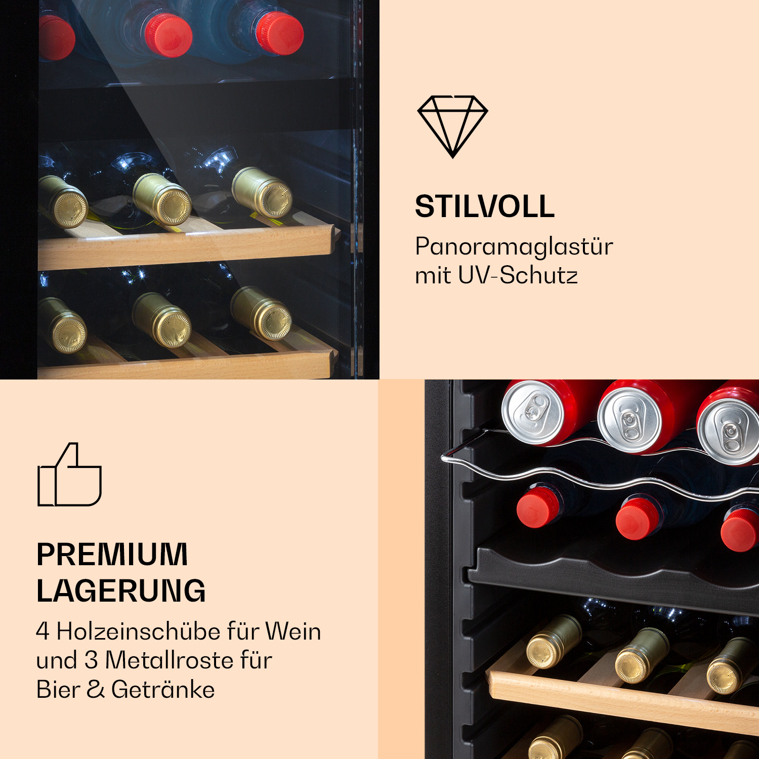 Primo piano di una cantinetta con bottiglie, bevande con tappi rossi e ripiani in legno.