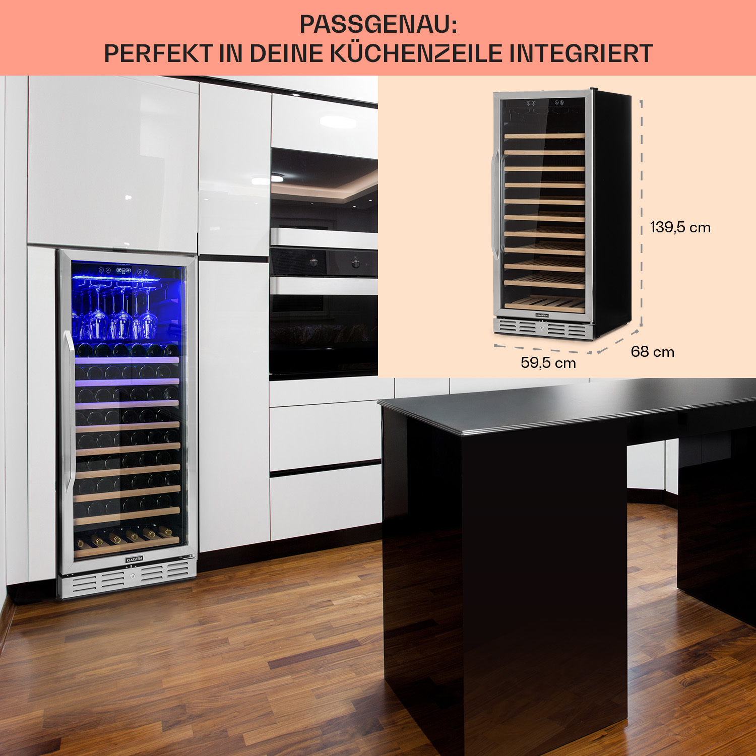 Cantinetta per vini a incasso integrata in un mobile da cucina. È accanto a un frigorifero per vini.
