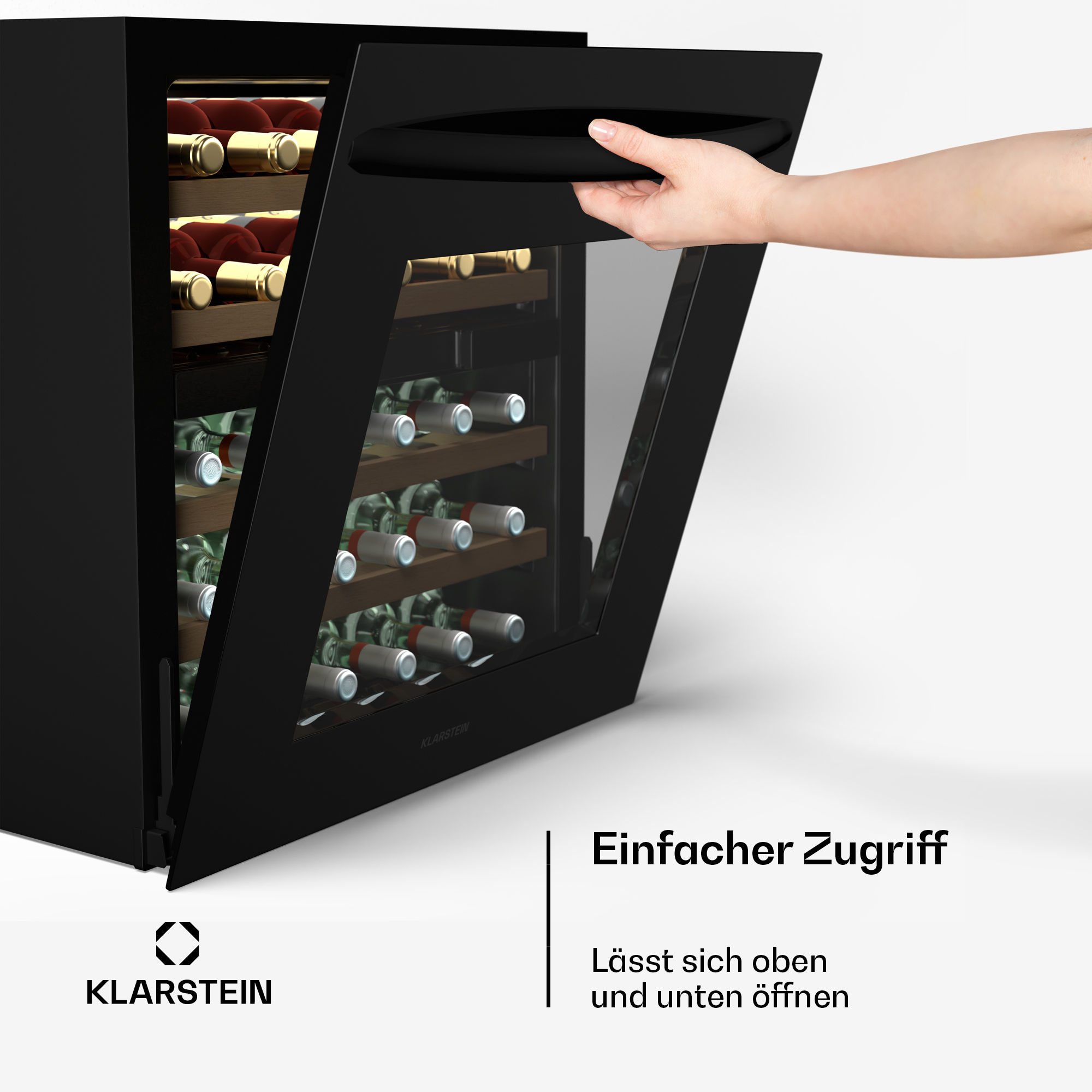 Schwarzer Weinkühler mit offener Tür, Hand am Griff. Flaschen sichtbar innen.