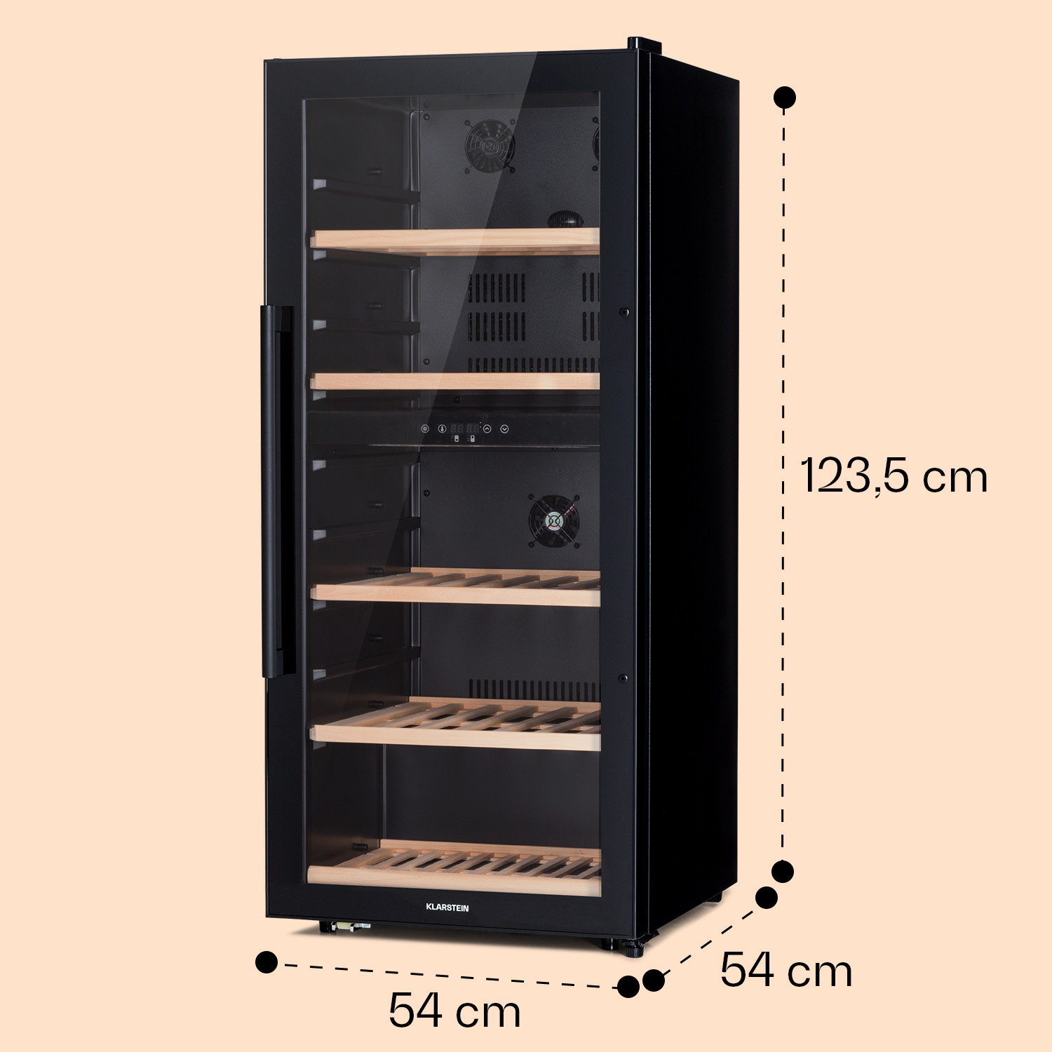 Enfriador de vino negro con dimensiones. Está sobre un fondo rosa.