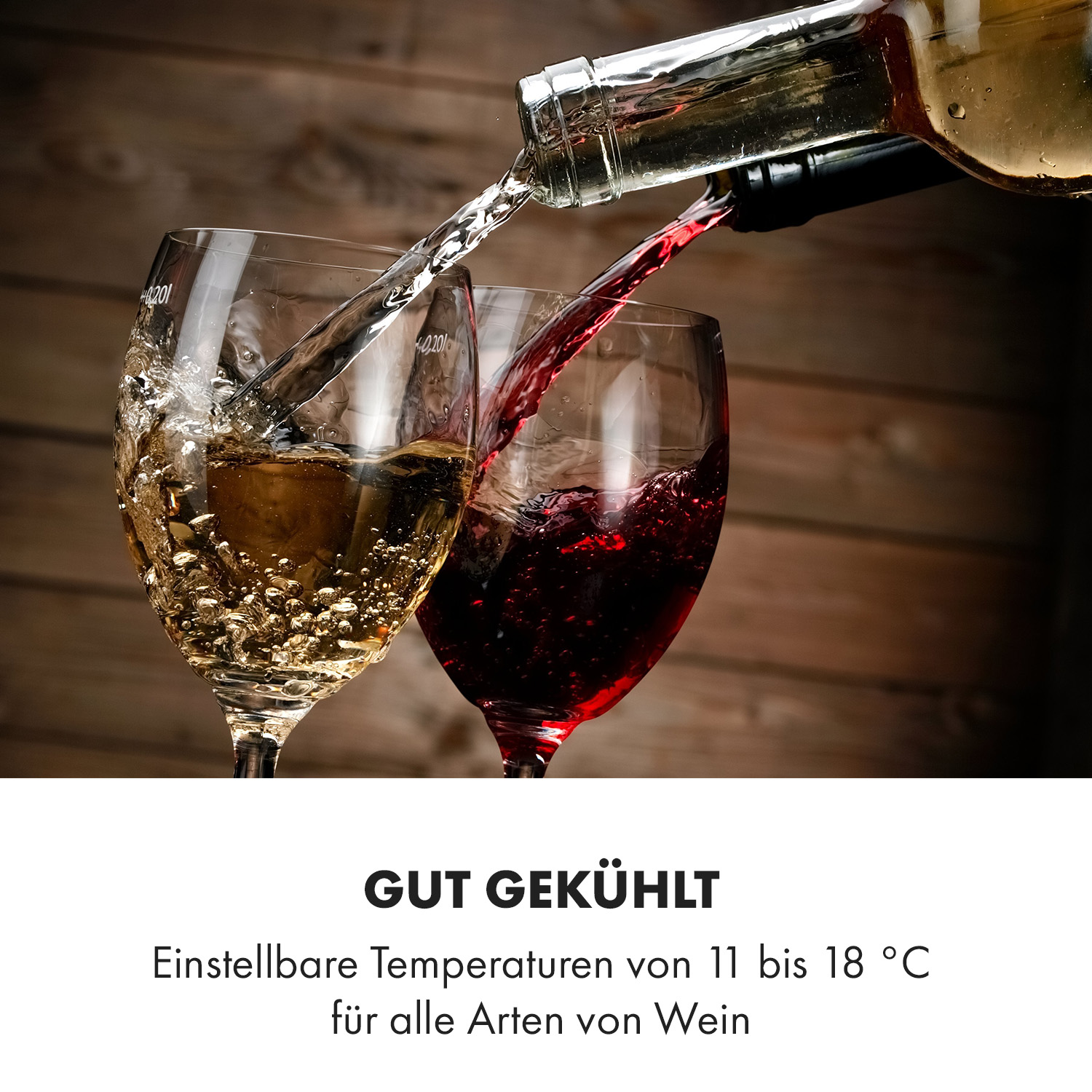 Vino versato in due bicchieri, uno con vino bianco e uno con rosso.