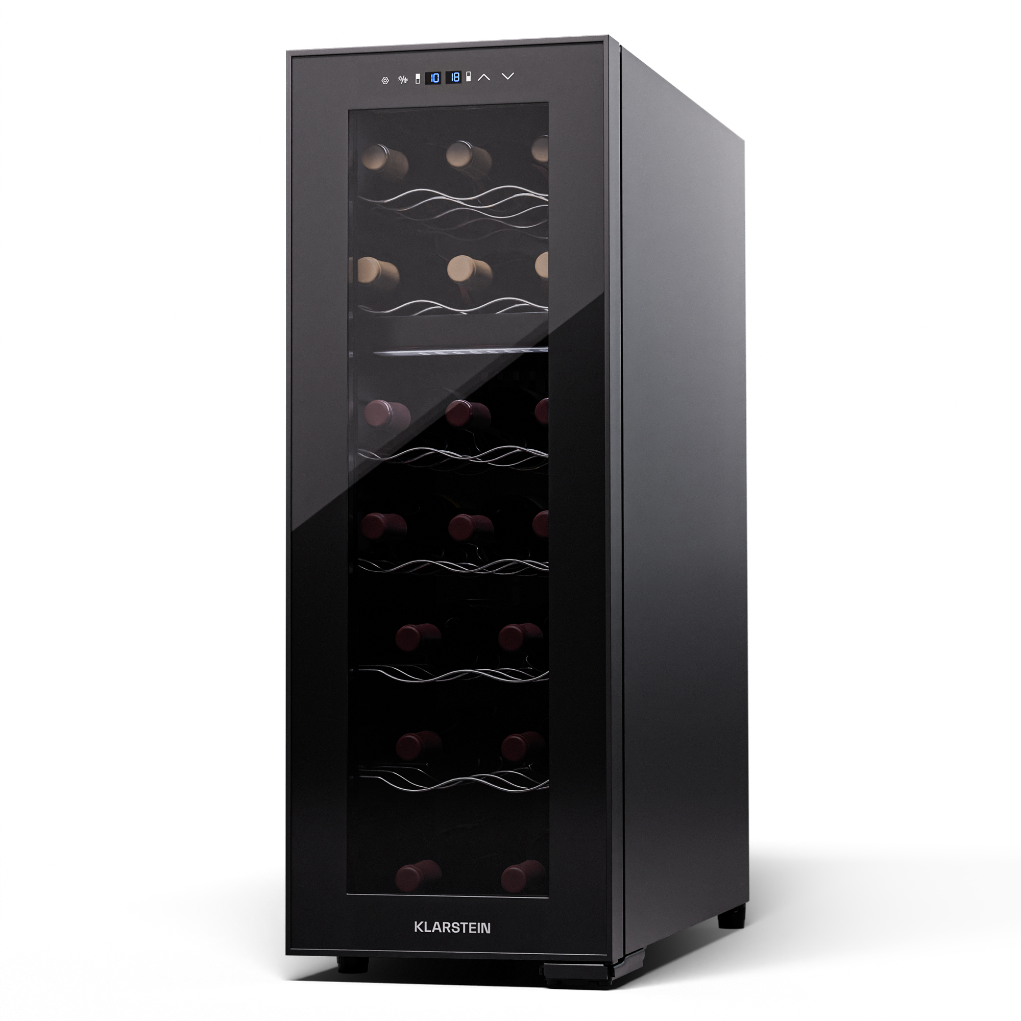 Cantinetta vino nera con porta in vetro e luci interne, su sfondo bianco.