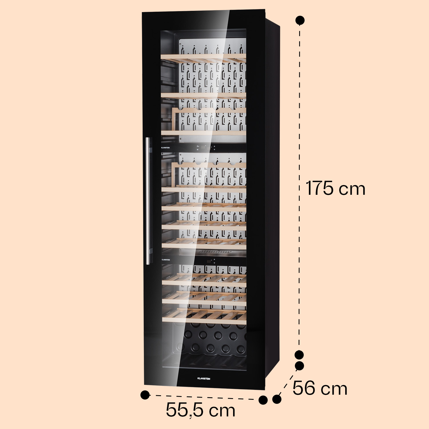 Cantinetta vino nera con dimensioni: 175 cm altezza, 55,5 cm larghezza e 56 cm profondità.