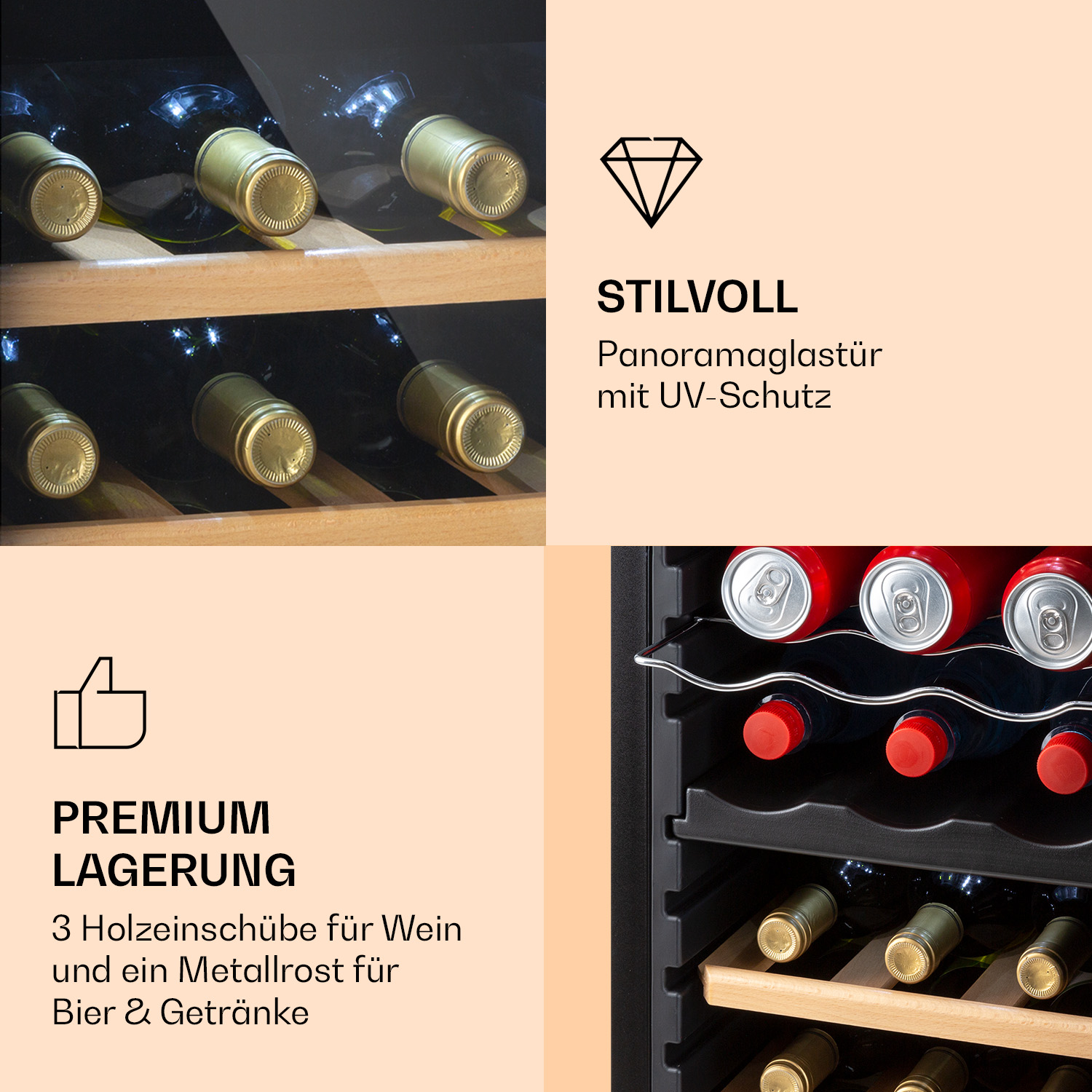Enfriador de vino con botellas y latas, estantes de madera y detalles de almacenamiento premium.