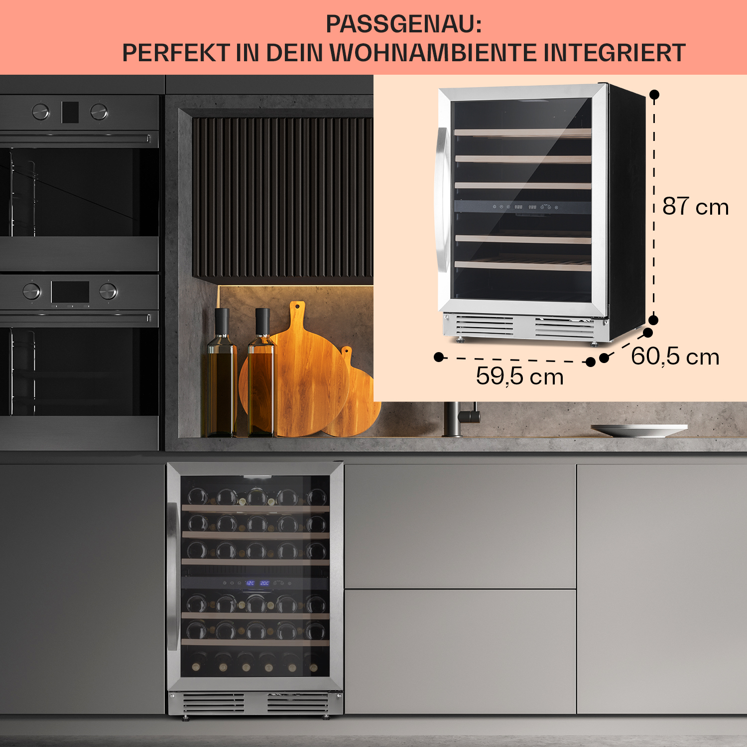 Cantinetta vini da incasso in una cucina. Le dimensioni sono indicate. Mobili e elettrodomestici da cucina sullo sfondo.