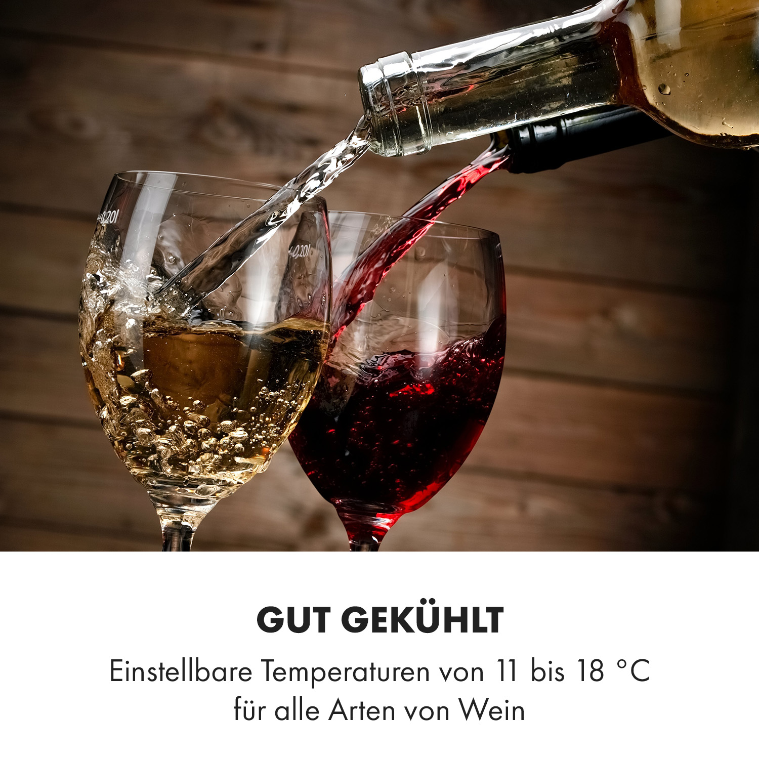 Gläser werden gefüllt. Weißwein und Rotwein werden eingeschenkt. Holzhintergrund.