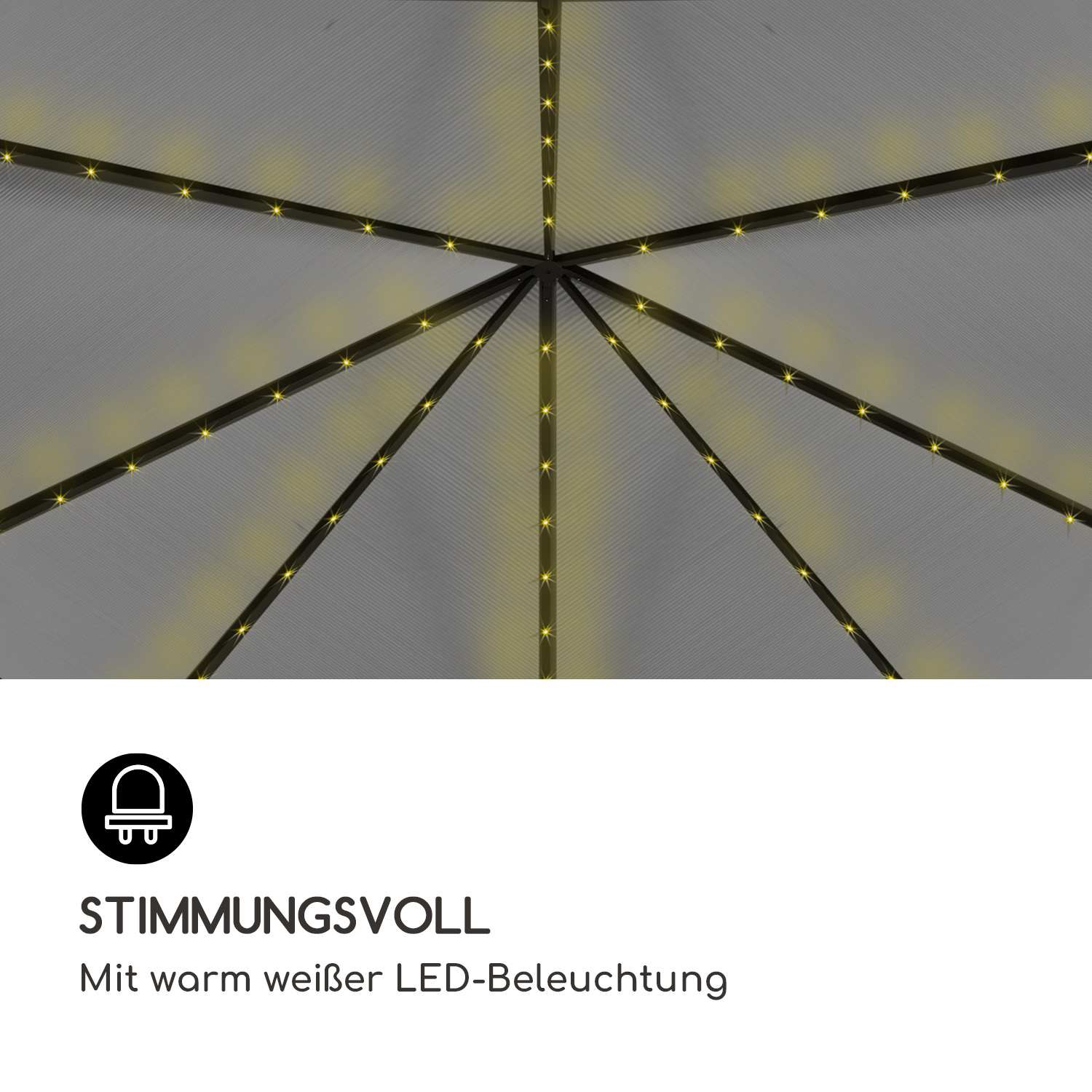 Draufsicht auf das Innere eines Zeltes mit LED-Leuchten, die die Struktur beleuchten.
