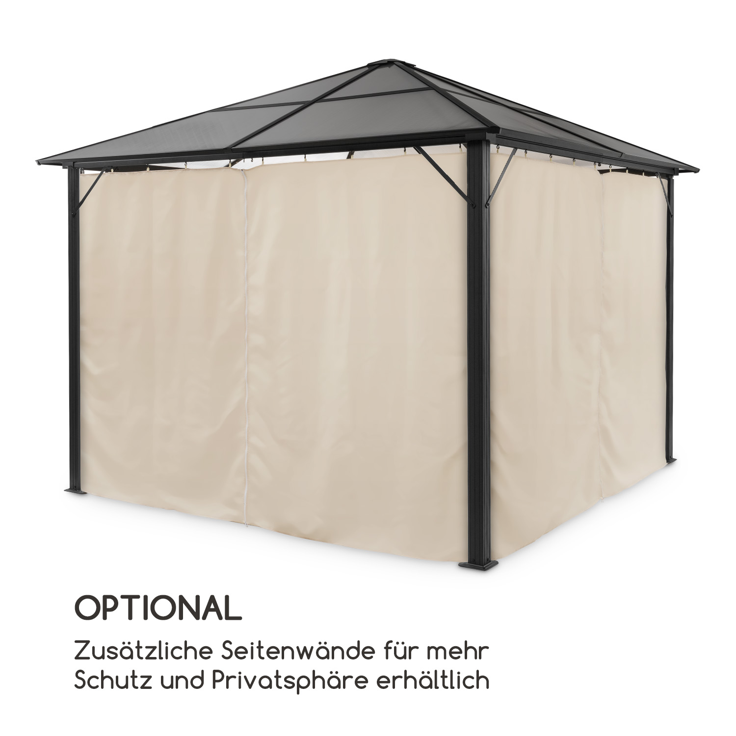 Schwarzer Pavillon mit beigen Seitenvorhängen. Text sagt 'OPTIONAL'. Weißer Hintergrund.