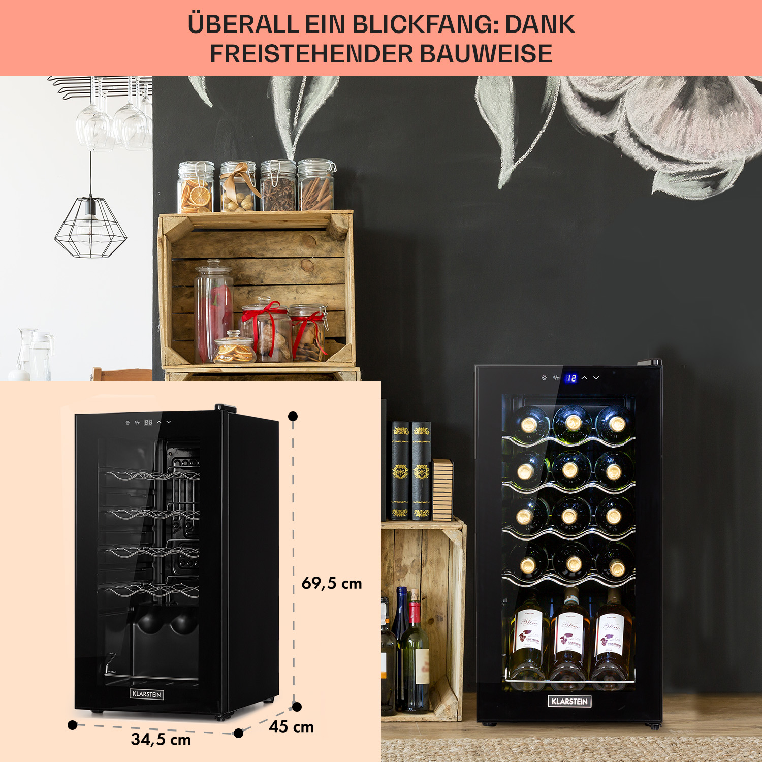 Schwarzer Weinkühler mit Flaschen, umgeben von Gegenständen an einer Wand.