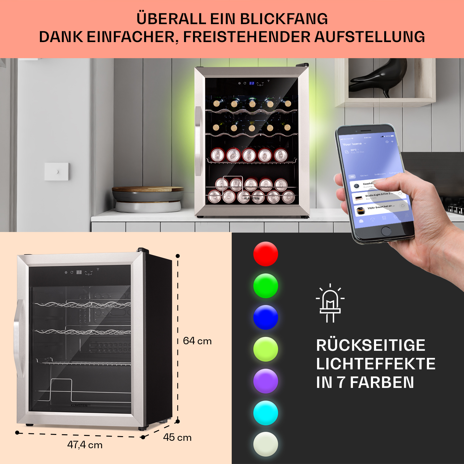 Ein Weinkühler und ein Telefon, das die Benutzeroberfläche einer App anzeigt. Verschiedene Getränke im Kühler.
