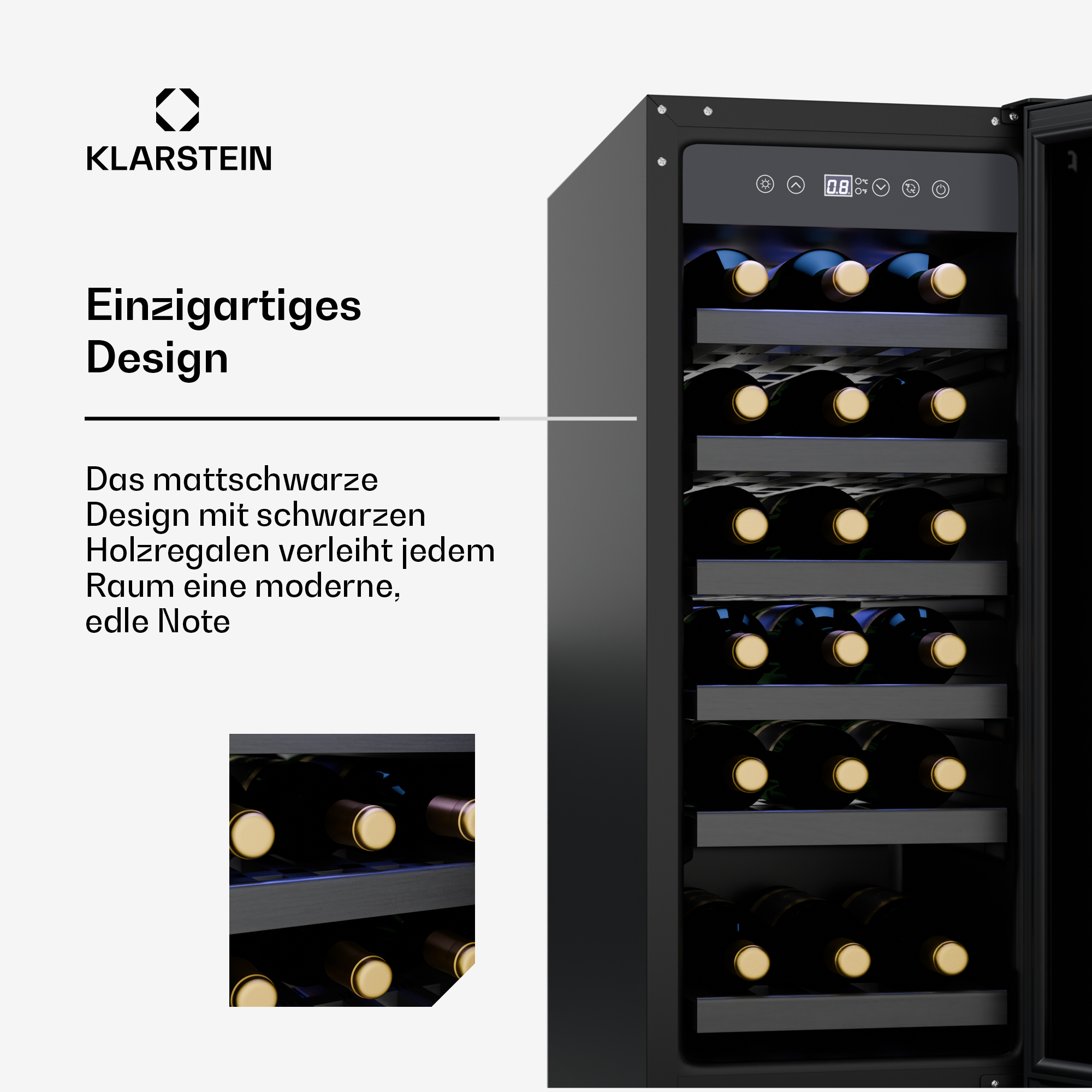 Una cantinetta nera con ripiani in vetro, che mostra bottiglie e testo sul design.
