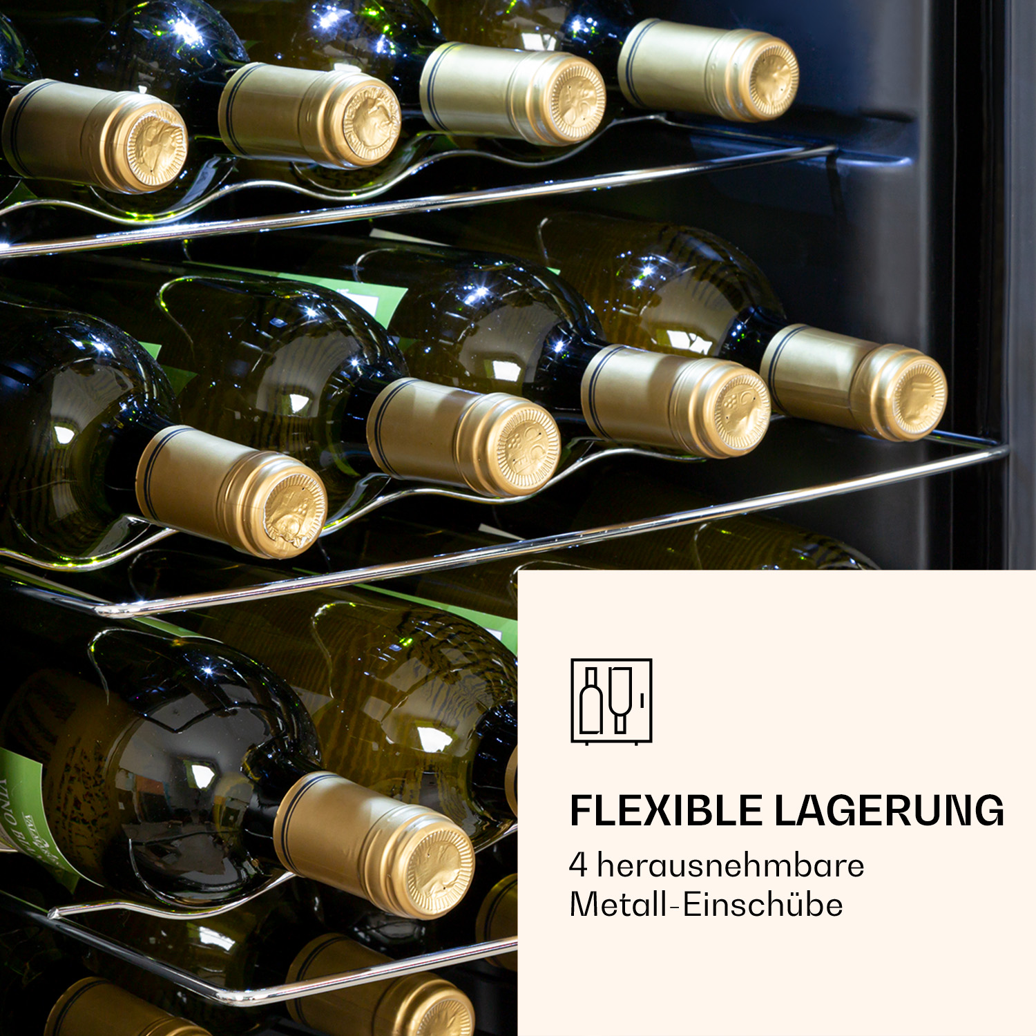 Weinflaschen in einem Weinkühler, mit dem Text "FLEXIBLE LAGERUNG" und "4 herausnehmbare Metall-Einschübe".