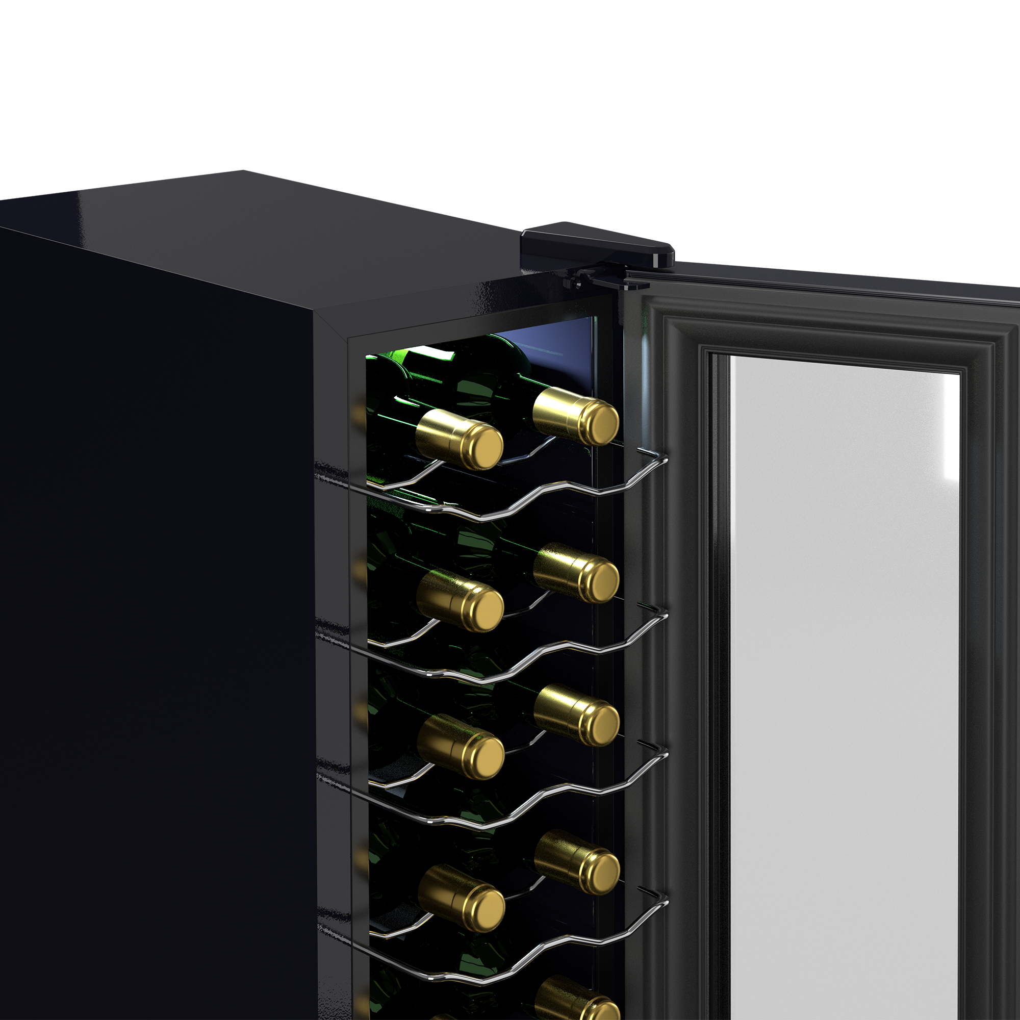 Primer plano de un enfriador de vino negro con botellas dentro, puerta de cristal abierta.