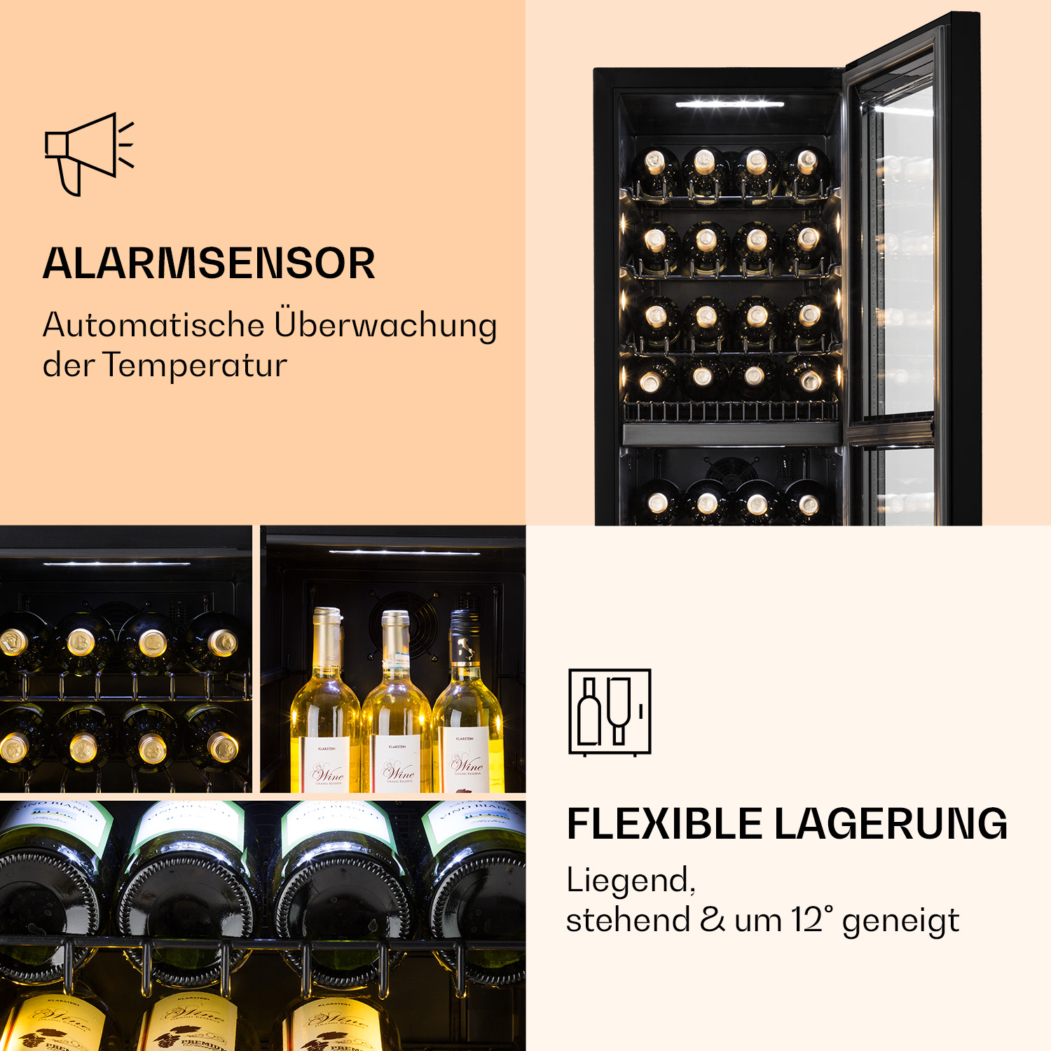 Una cantinetta con bottiglie all'interno. Ha una porta a vetro. I dettagli delle bottiglie di vino sono visibili. Sfondo bianco.