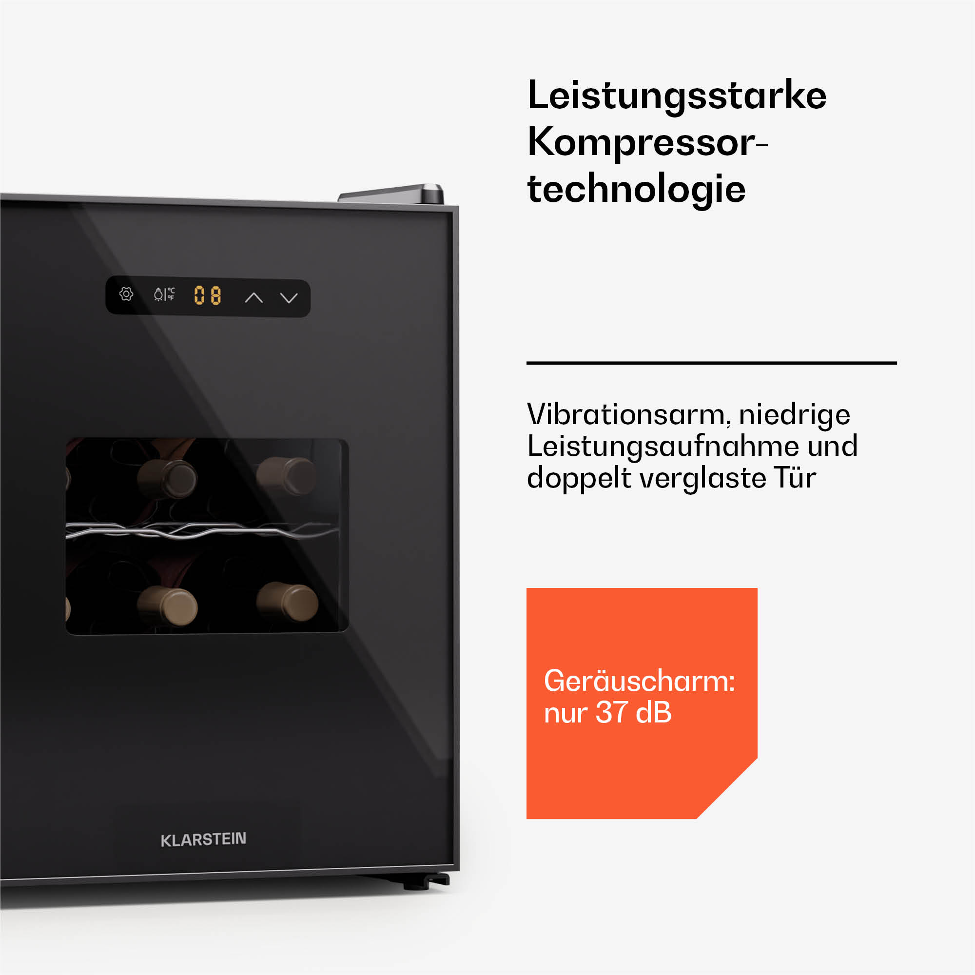 Frigorifero per vino nero con testo e fumetto arancione.