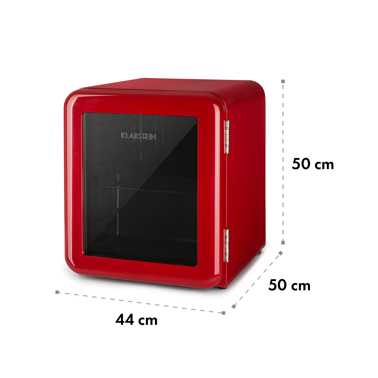 Mininevera roja con puerta de cristal, dimensiones: 44x50x50 cm, con fondo blanco e interior negro.