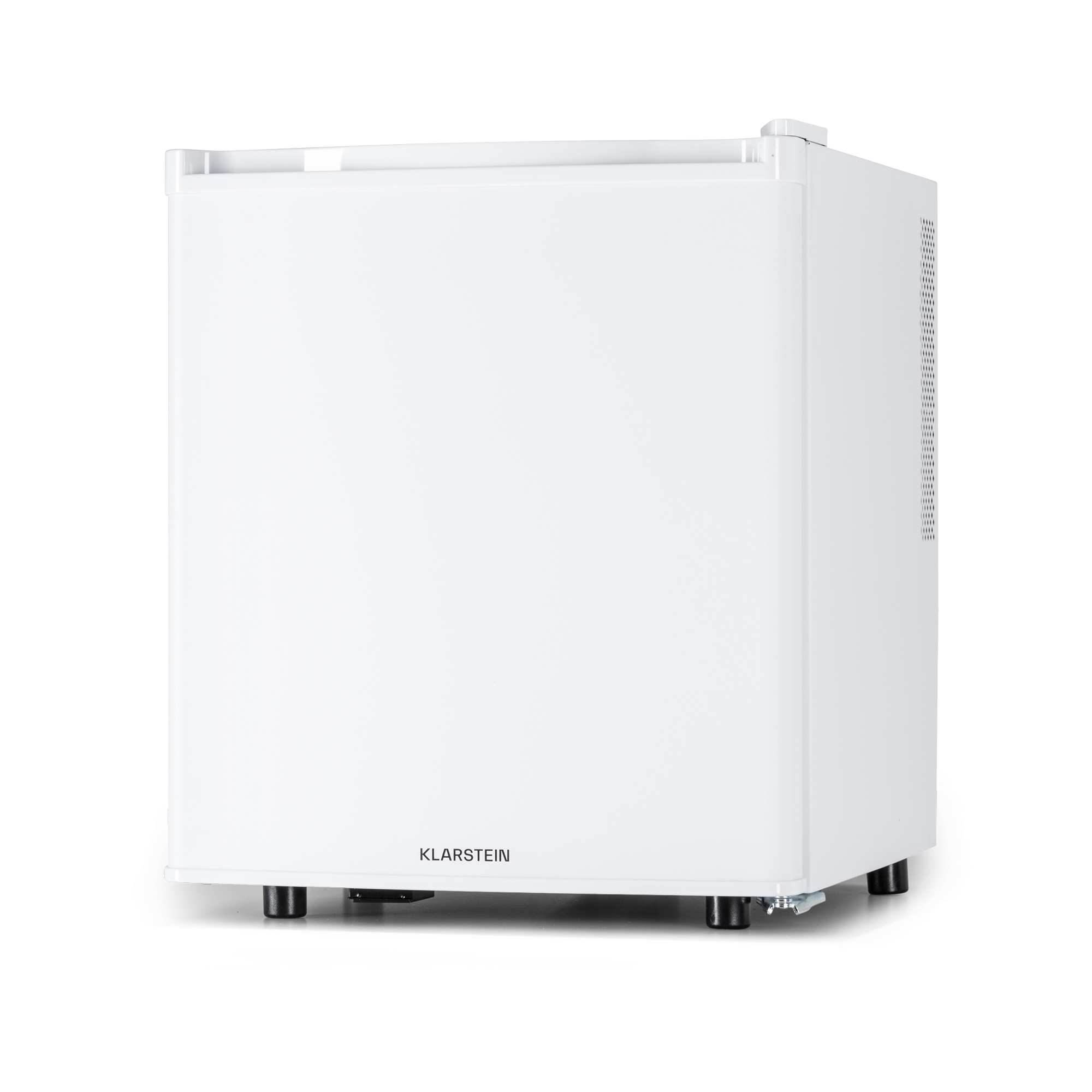 Mini frigo bianco su sfondo bianco, con base e piedini neri.