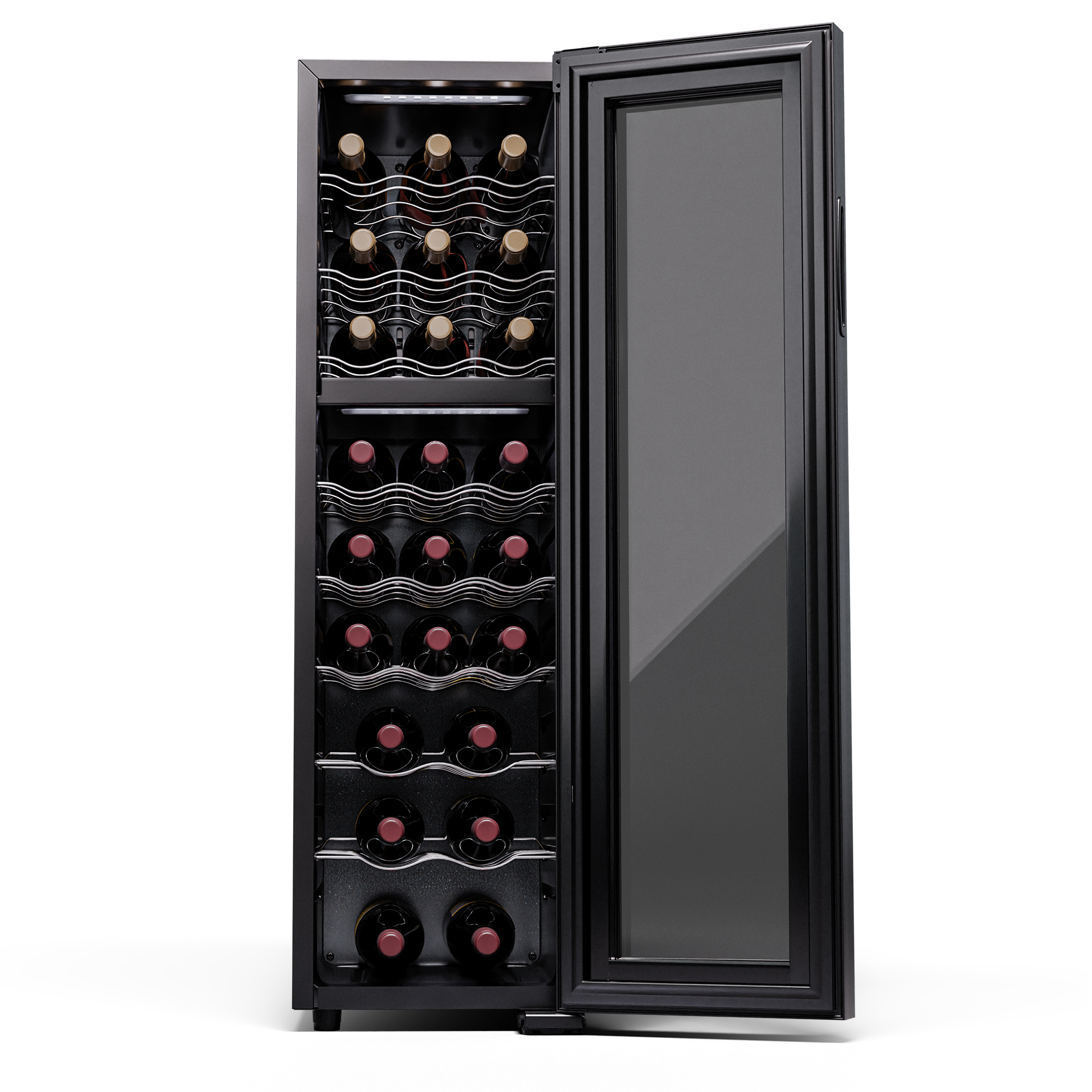 Weinkühler mit geöffneter Tür, der mehrere Flaschen Rotwein enthält.