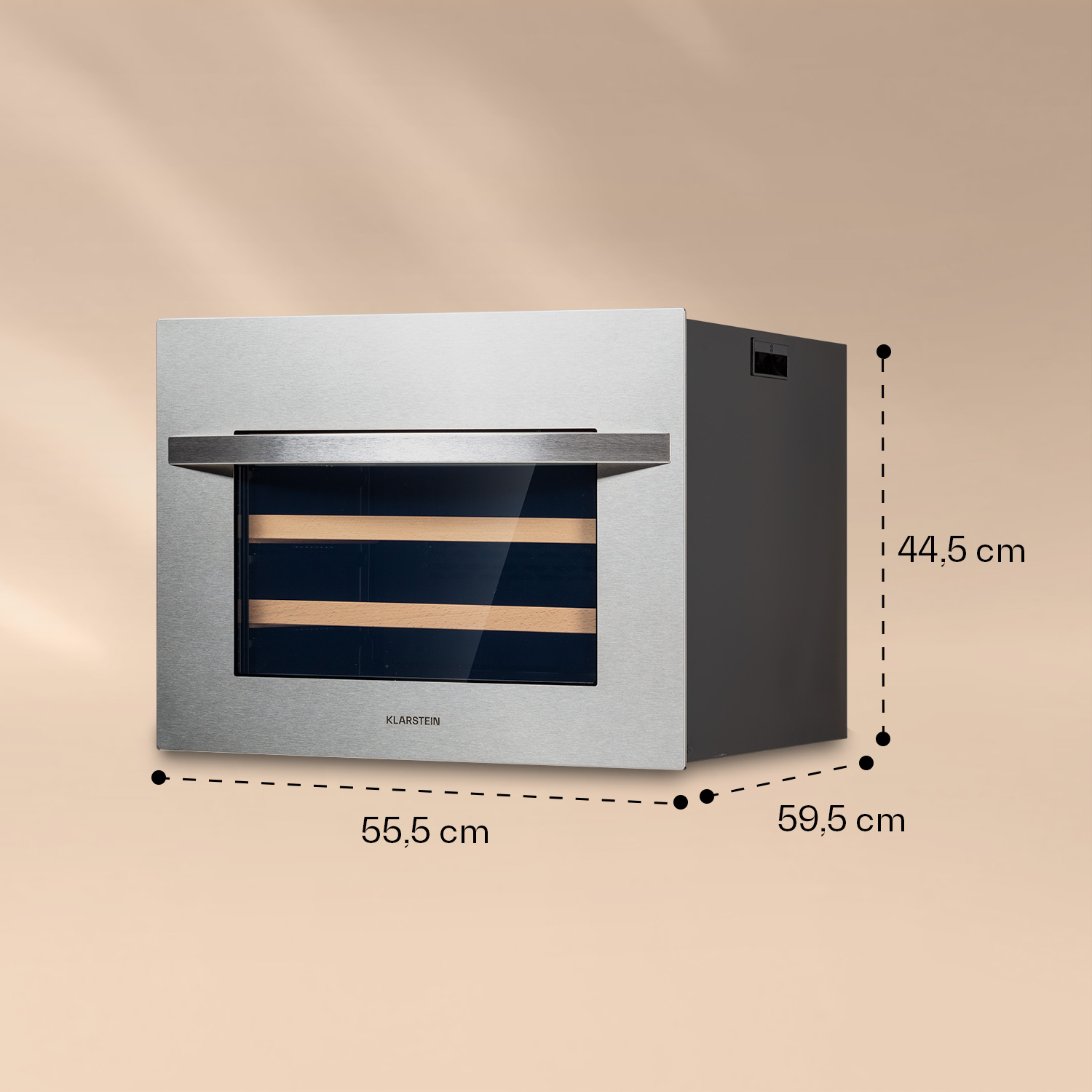 Frigorifero per vino in acciaio inossidabile con indicazioni dimensionali su sfondo beige.