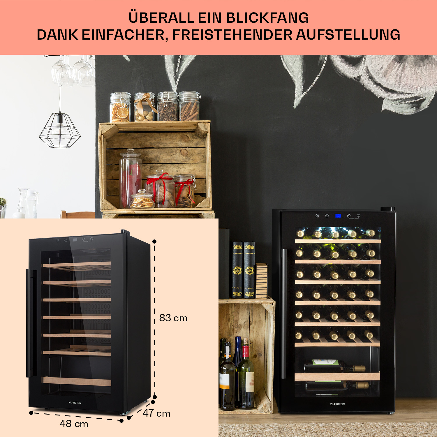Zwei Weinkühler mit Maßen, eine Holzkiste und Flaschen und Gläser an einer schwarzen Wand.
