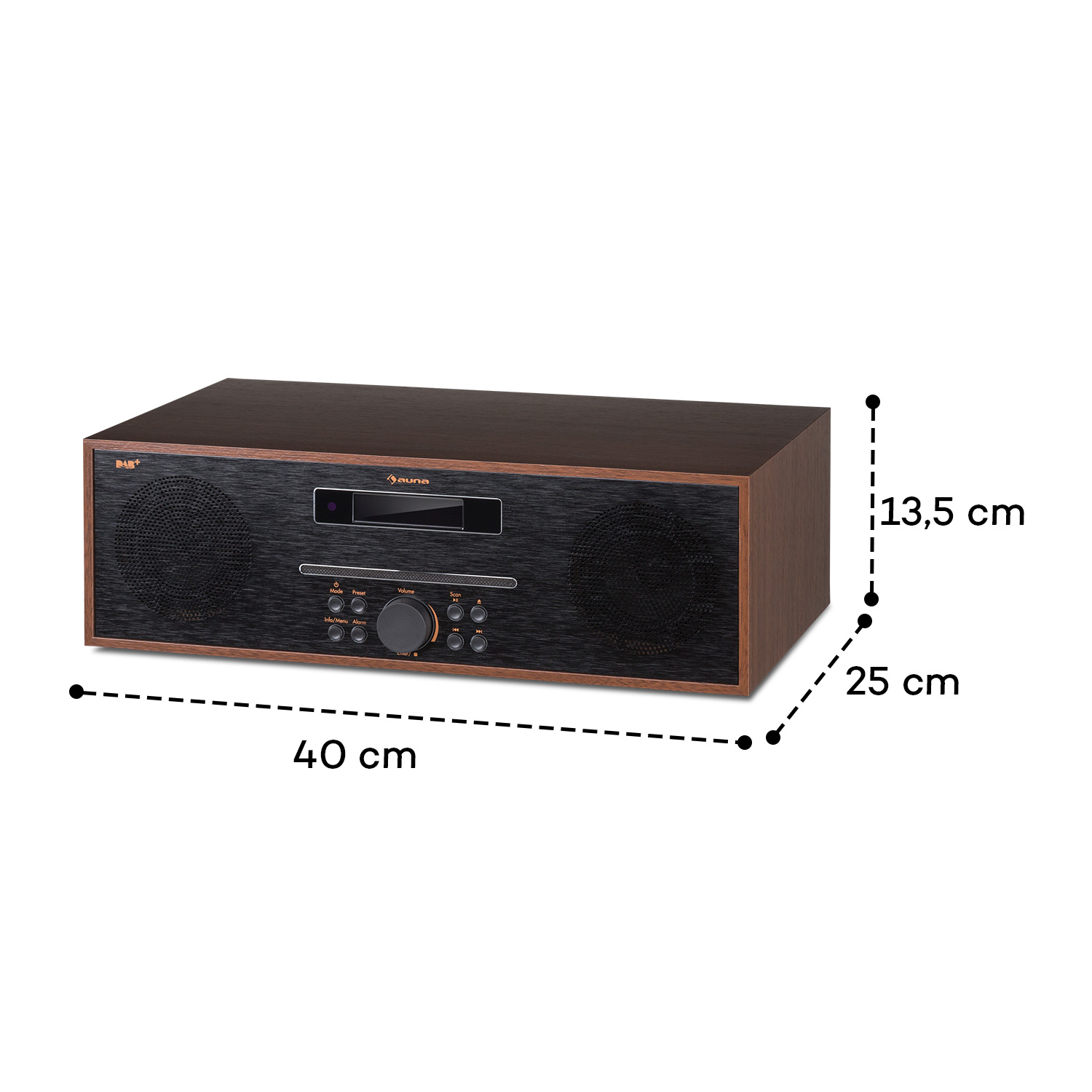 Ein braunes und schwarzes Stereo-Radio mit Abmessungen von 40 cm, 25 cm und 13,5 cm.