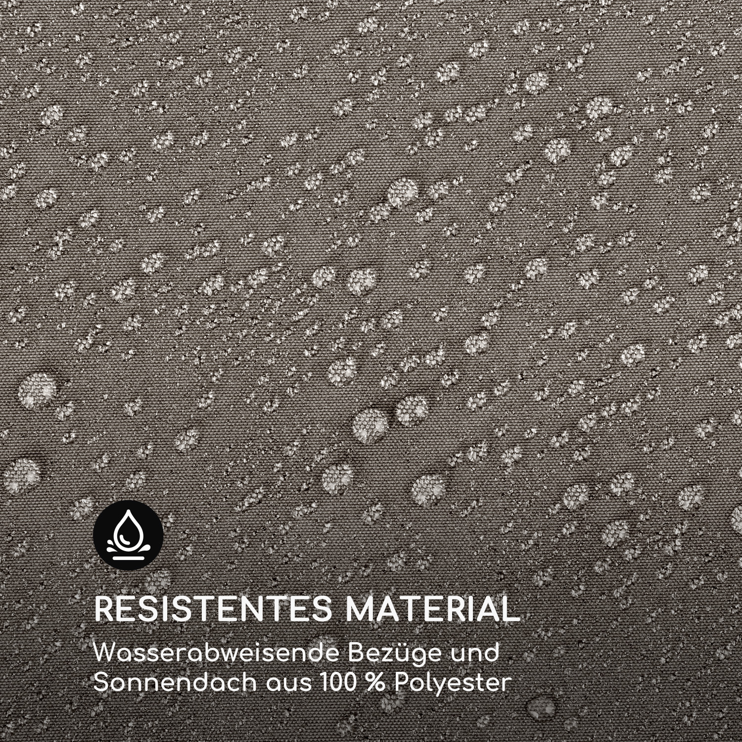 Nahaufnahme von Wassertropfen auf wasserdichtem Stoff. Text lautet: BESTÄNDIGES MATERIAL.