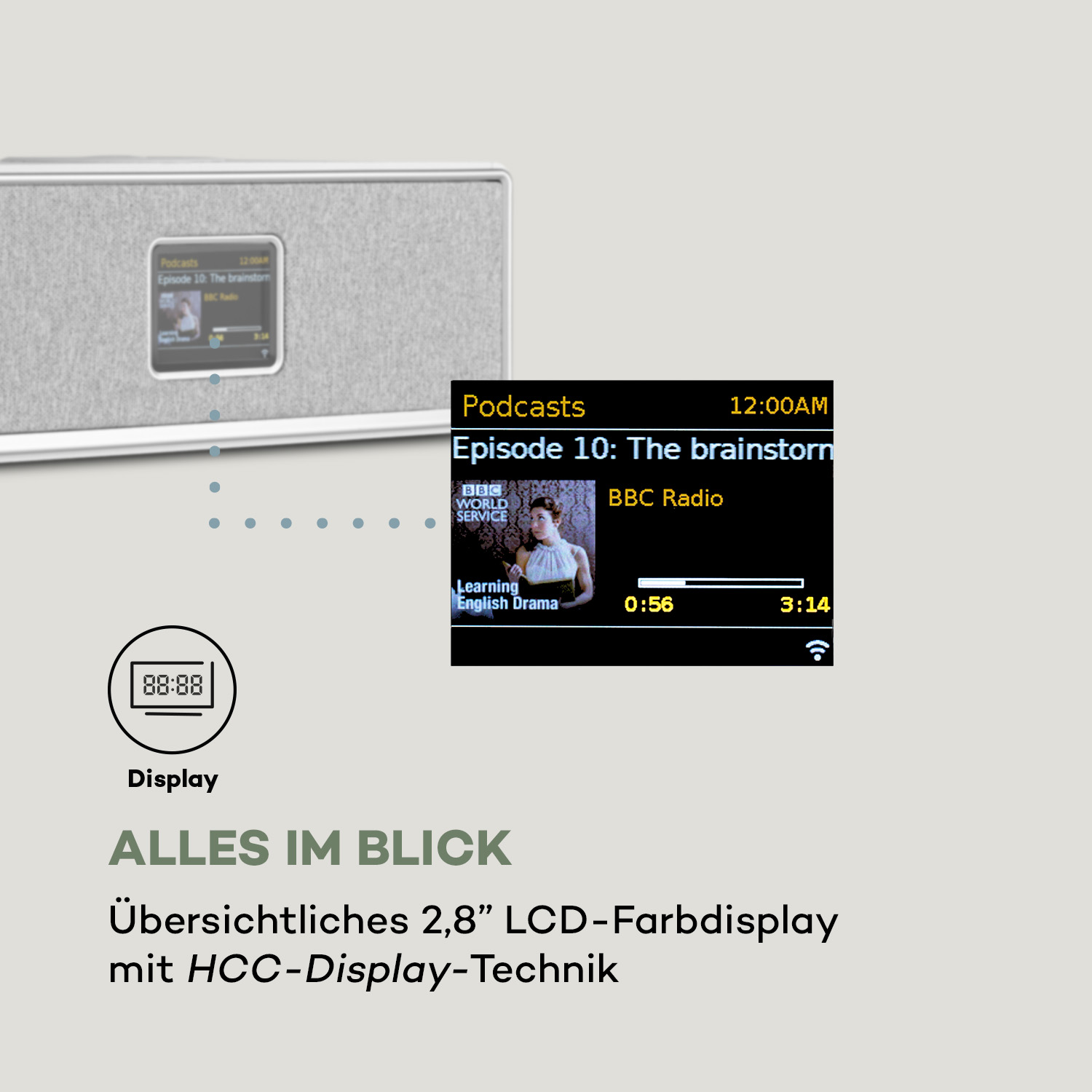 Ein digitales Gerät zeigt eine Podcast-Oberfläche. Der Bildschirm zeigt Episodendetails und ein BBC Radio-Logo.