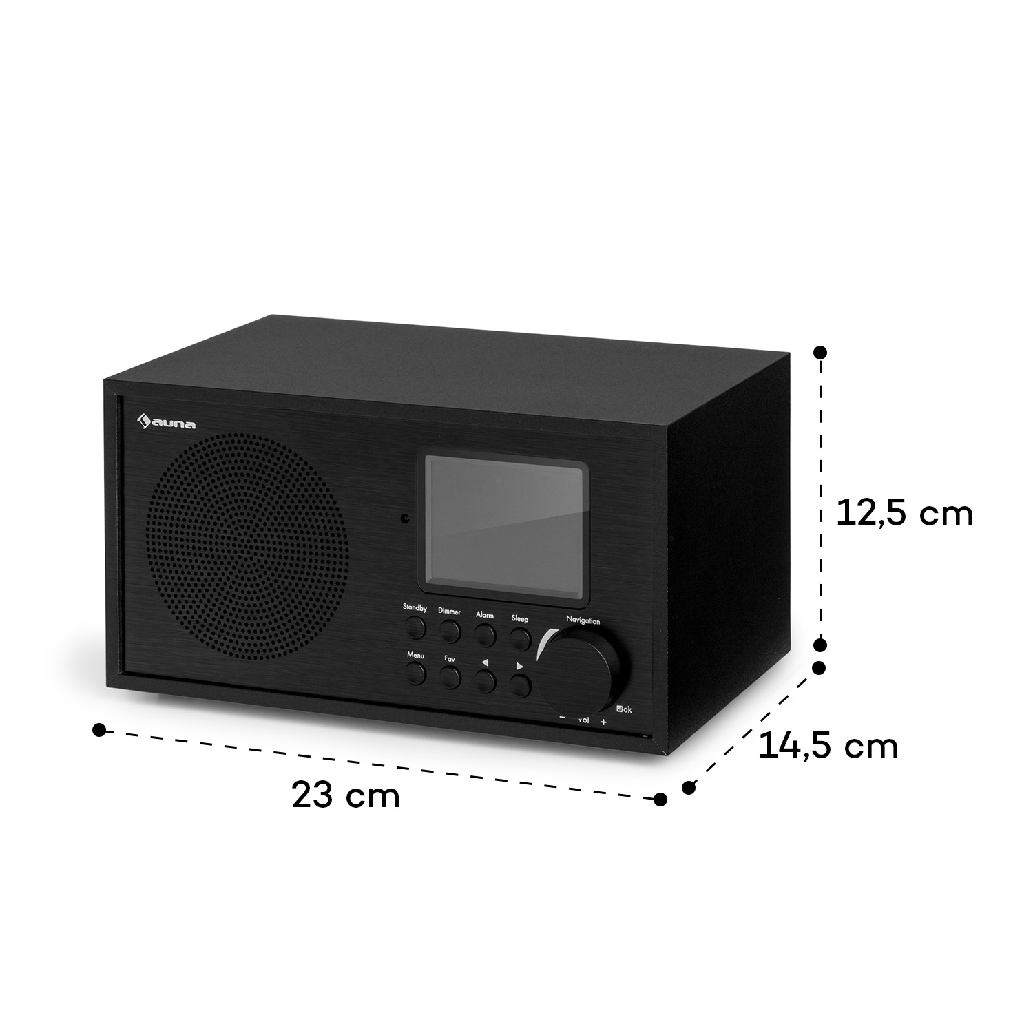 Ein schwarzes Radio mit Bildschirm und Knöpfen. Abmessungen: 23cm, 14,5cm und 12,5cm.