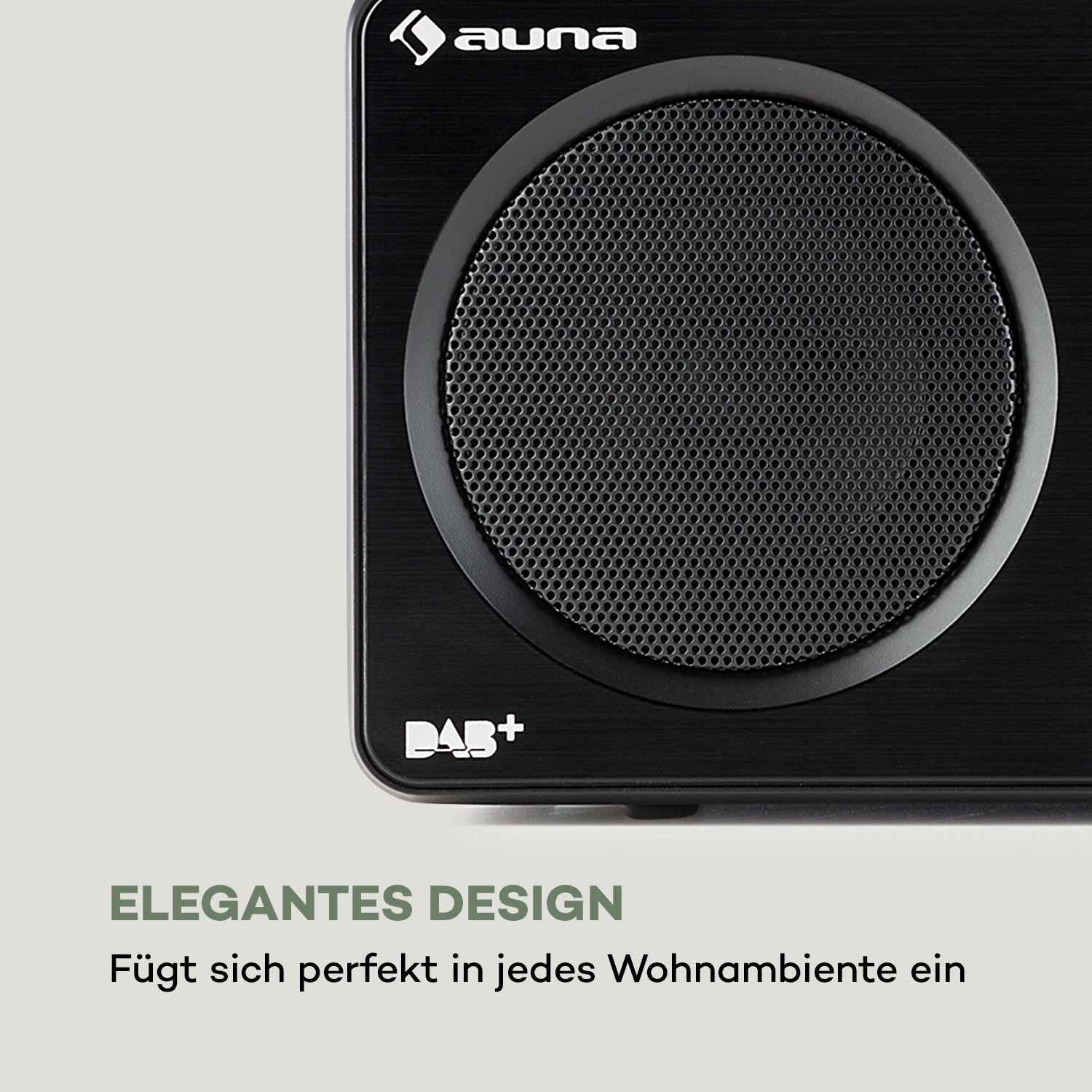 Ein schwarzer Lautsprecher mit rundem Grill, Markenlogo und dem Text 'DAB+'.