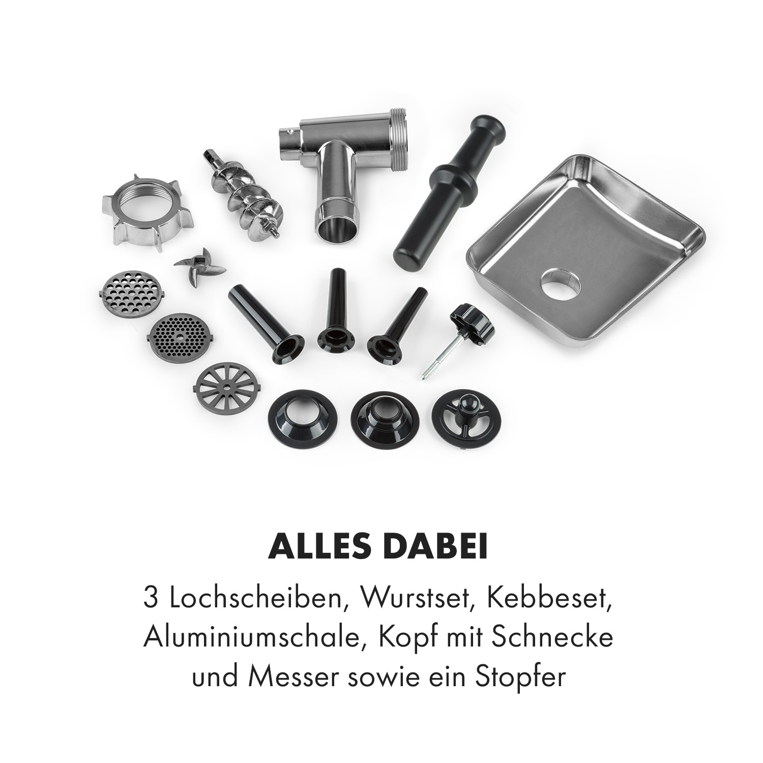 Eine Sammlung von Fleischwolfteilen, einschließlich Klingen, Trichtern und einer Schale, auf weißer Oberfläche.