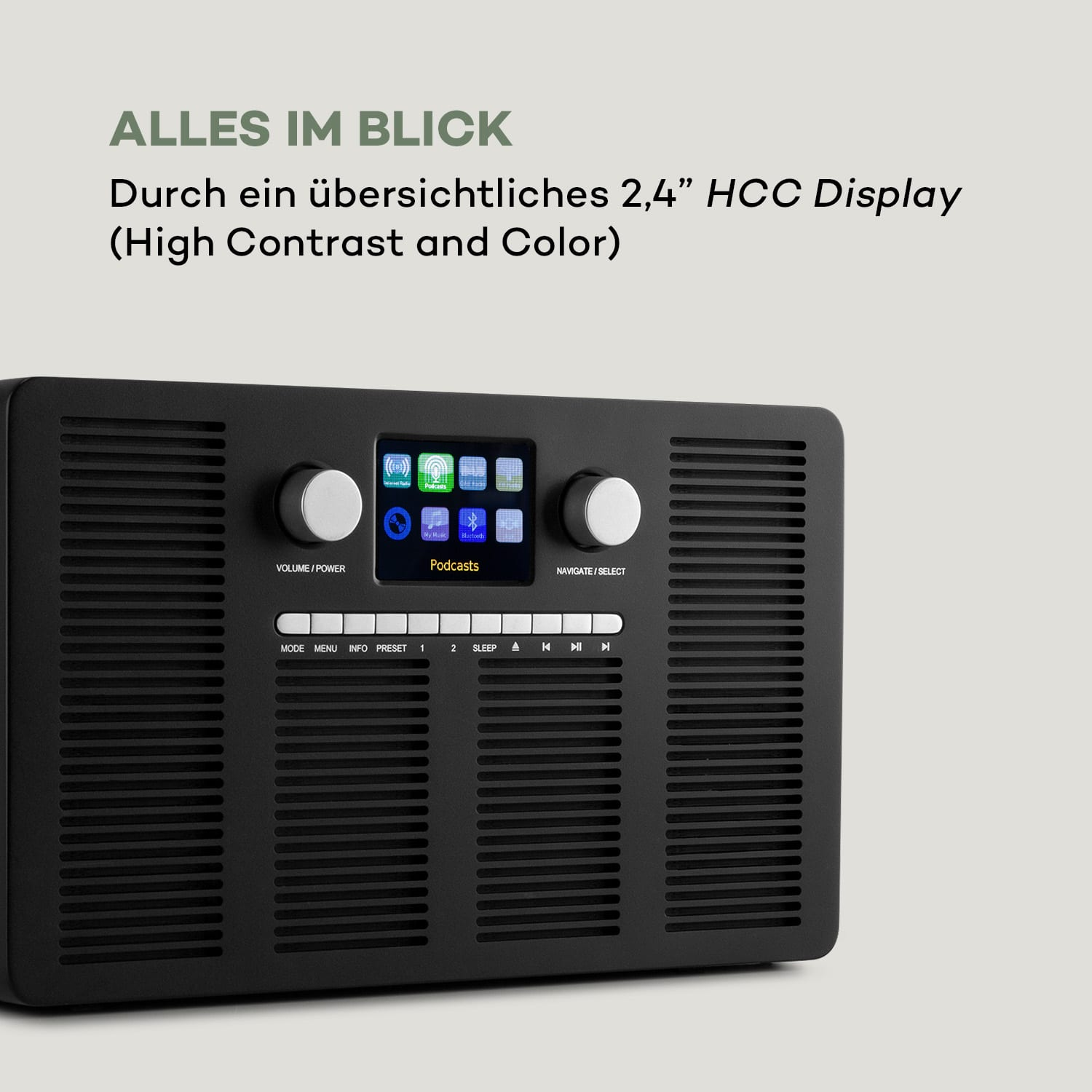 Schwarzes Radio mit einem Bildschirm, der Optionen und Tasten zeigt, ein weißer Hintergrund.