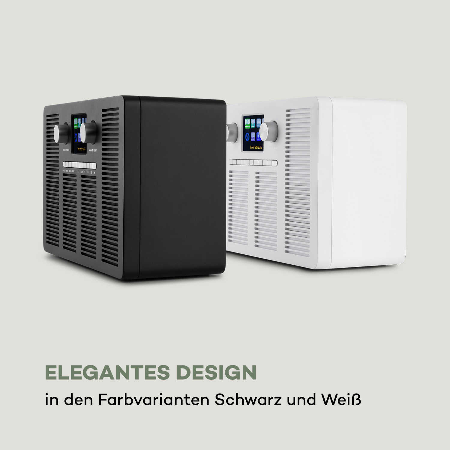 Zwei schwarze und weiße Audiogeräte. Text lautet: 'Elegantes Design in den Farbvarianten Schwarz und Weiß'.