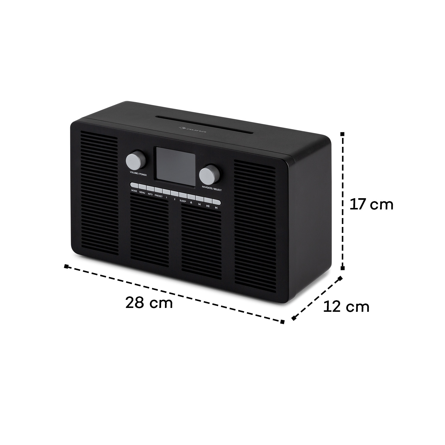Schwarzes Radio mit Digitalanzeige. Rechteckig, Abmessungen: 28 x 17 x 12 cm.