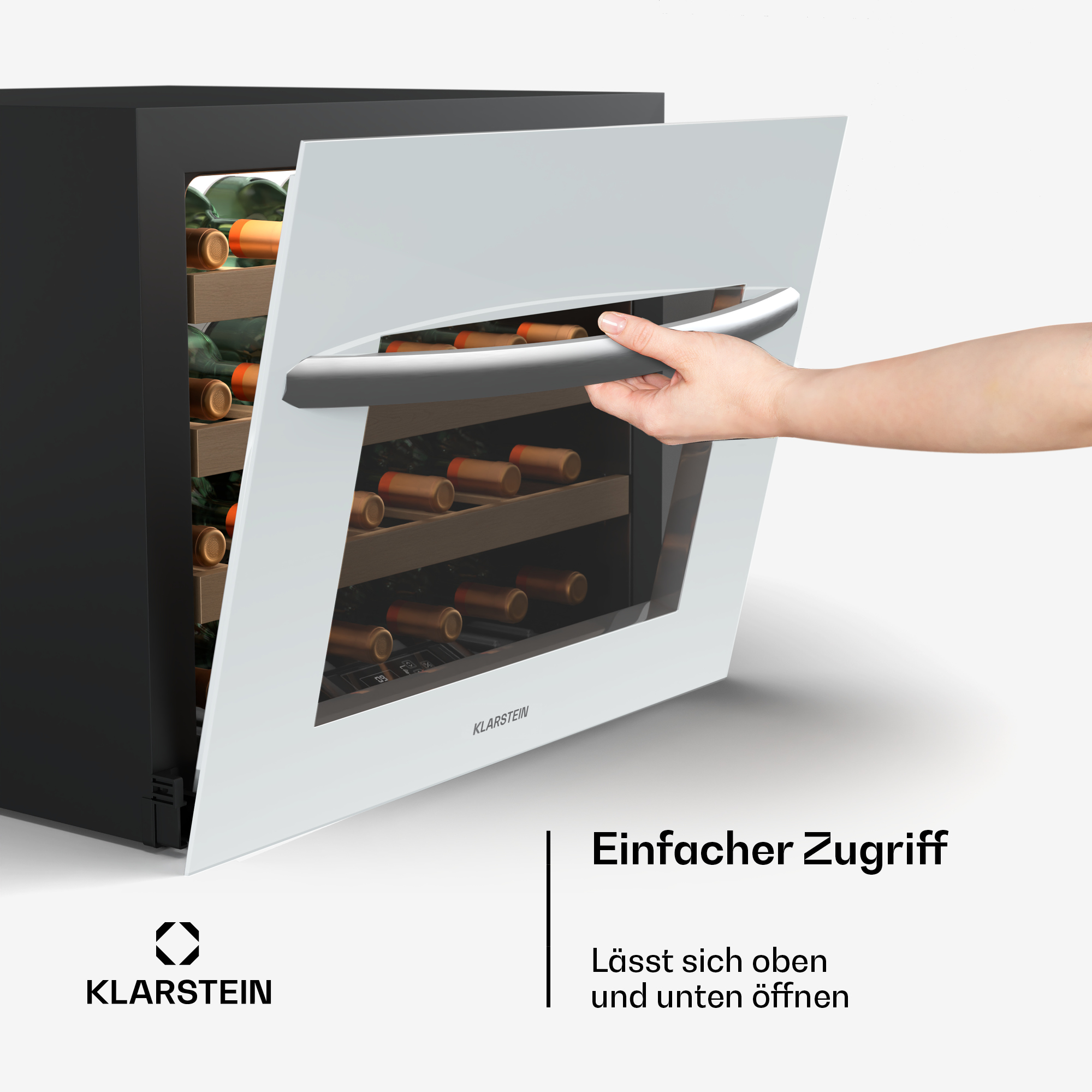 Eine Hand öffnet eine weiße Weinkühlschranktür. Text: 'Einfacher Zugriff' und 'Öffnet sich oben und unten'.