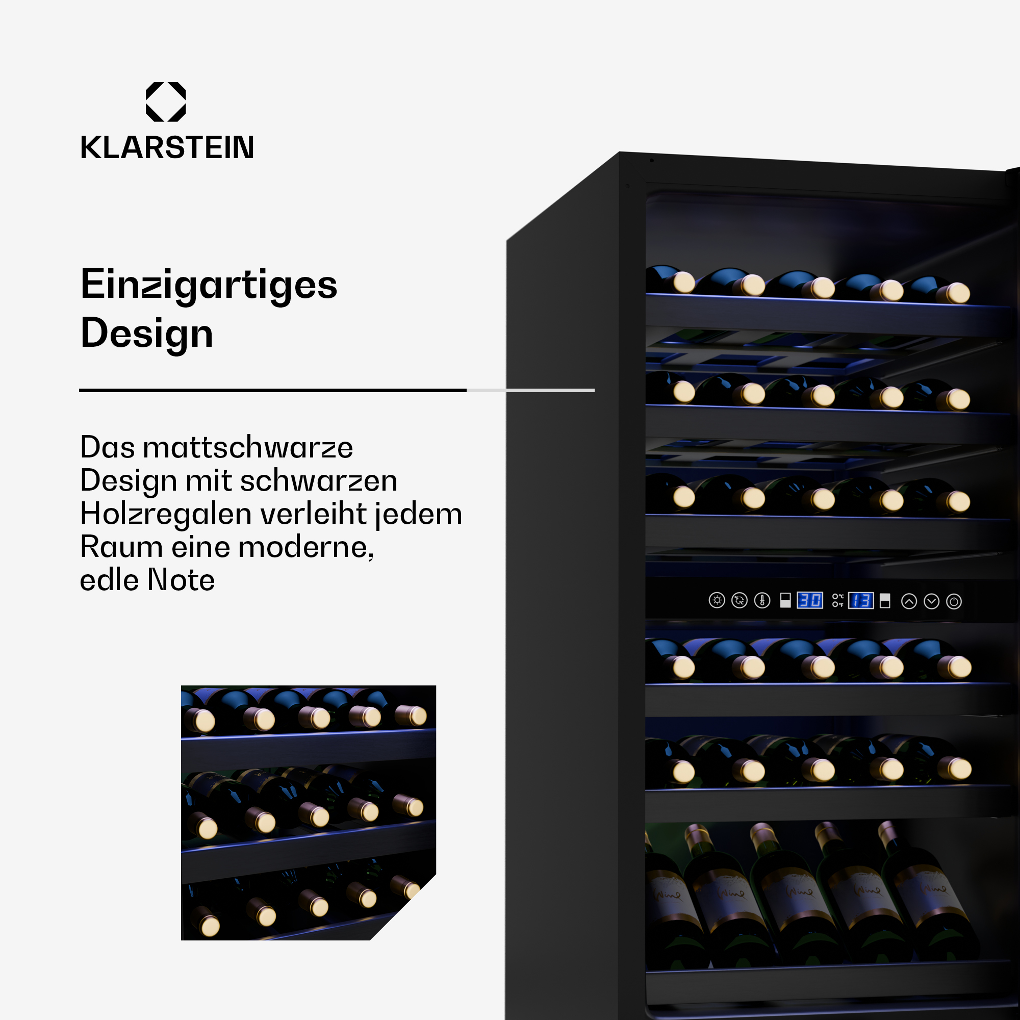 Cantinetta nera con bottiglie all'interno e testo sul design.