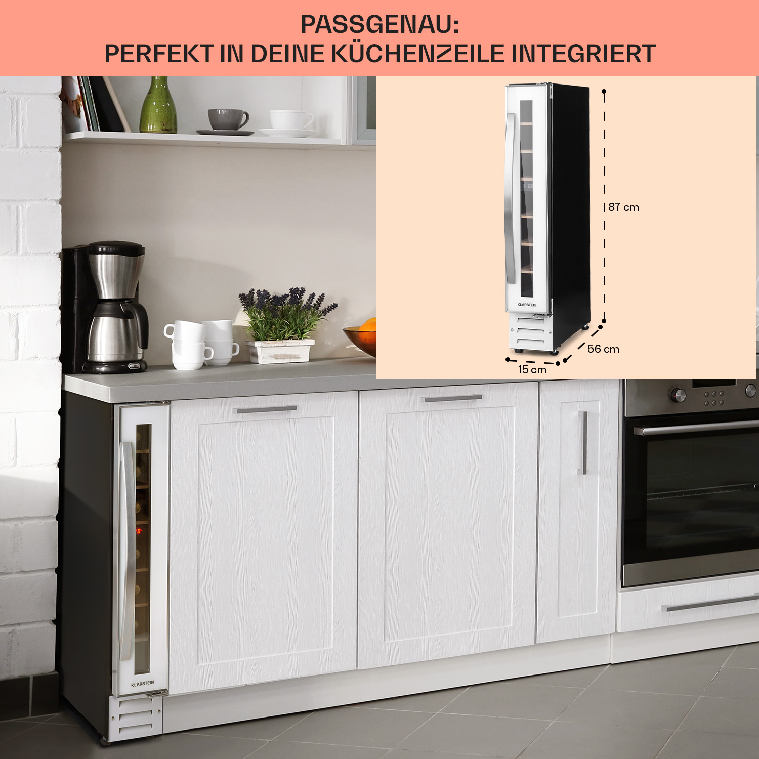 Una scena di cucina con una cantinetta integrata nei mobili. Vengono mostrate le misure.