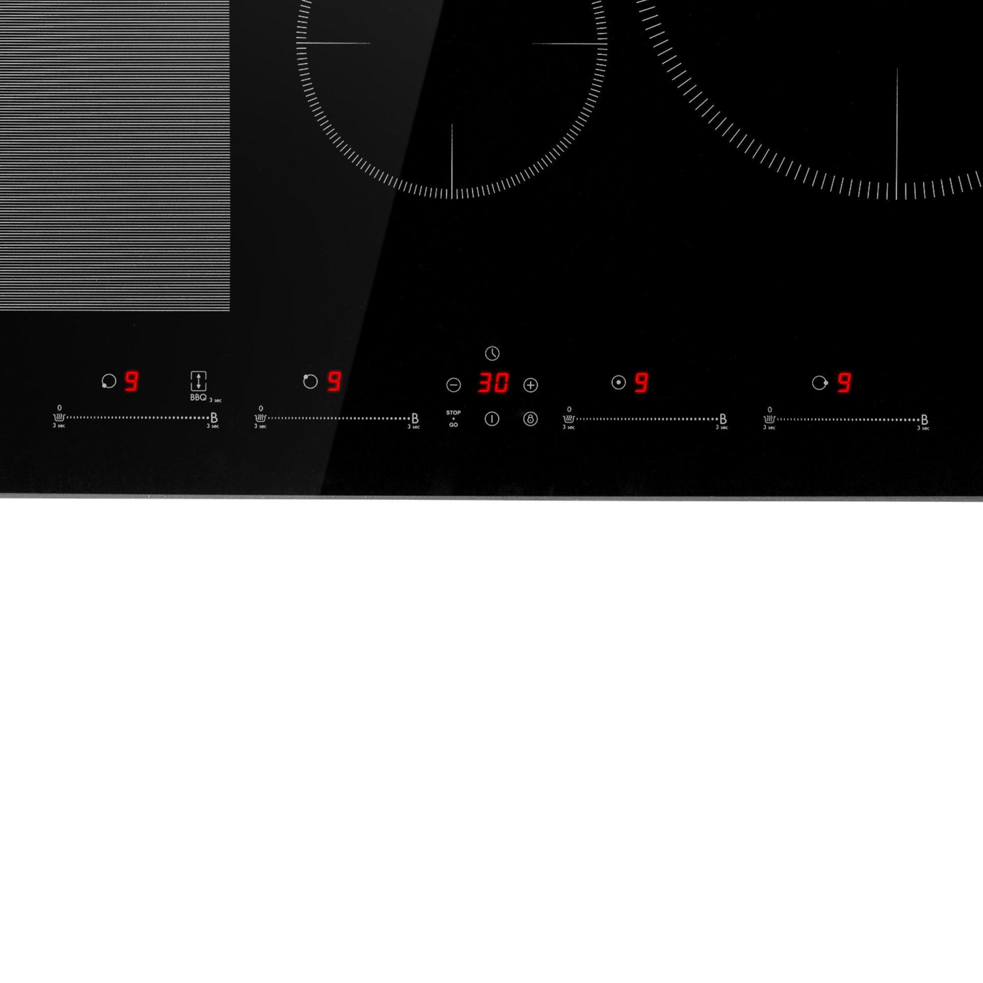 Placa de cocina eléctrica negra con números rojos y un temporizador.