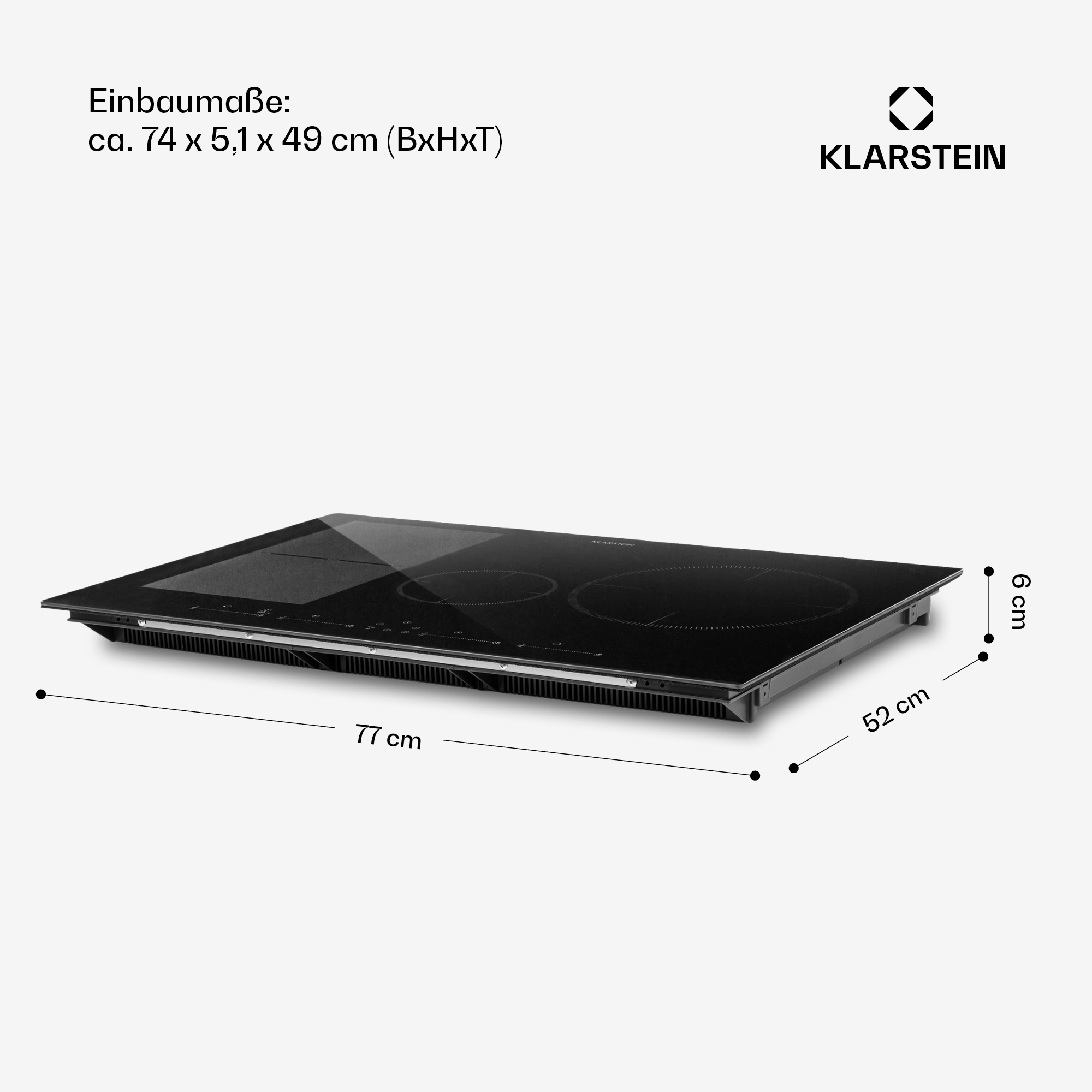 Placa de inducción negra con dimensiones y la marca Klarstein.